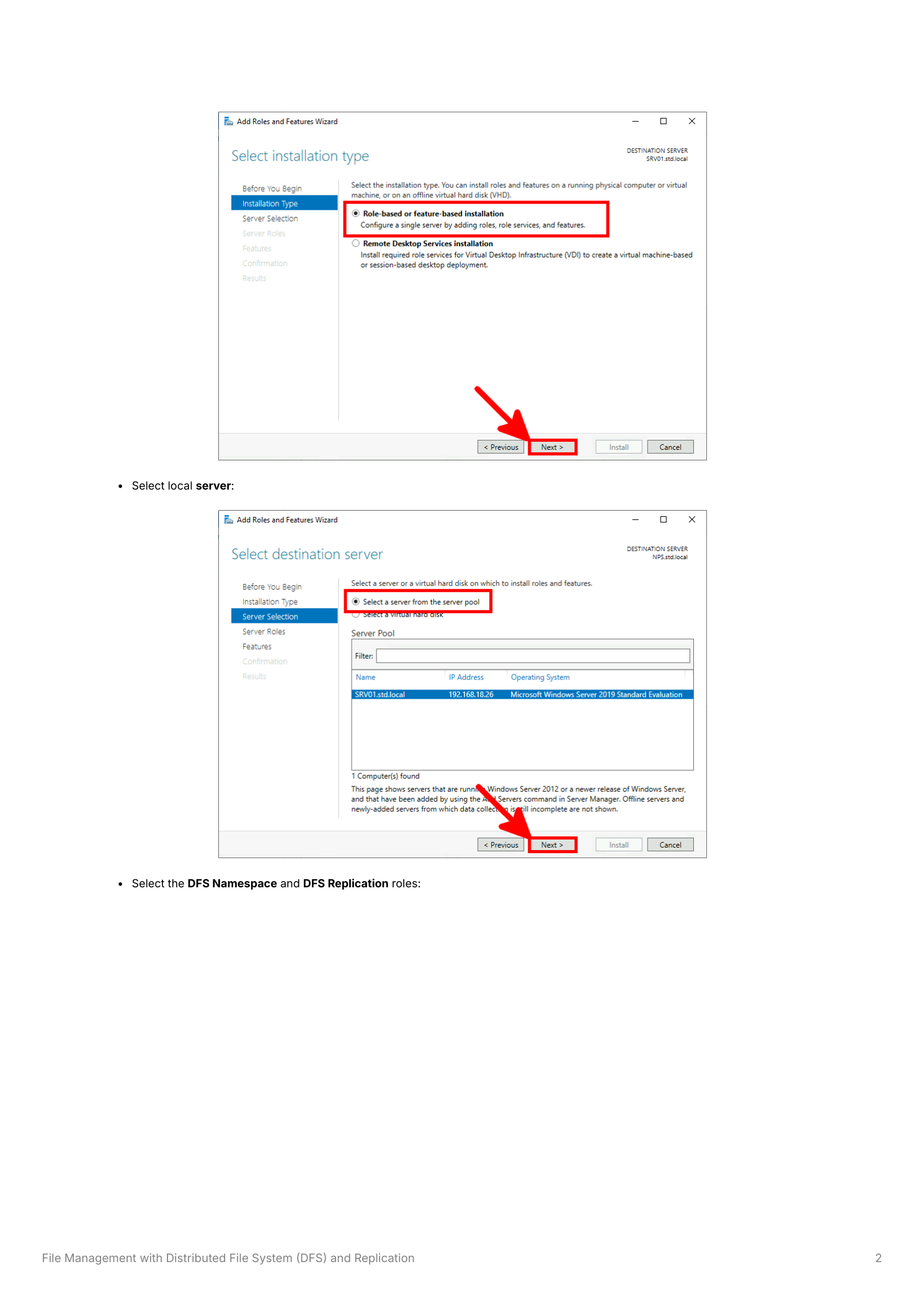 Server Manager Add Roles and Features wizard with DFS Namespaces and DFS Replication checkboxes selected under File and iSCSI Services