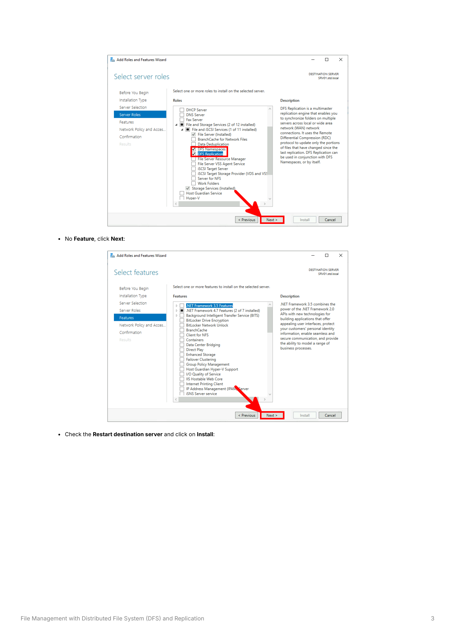 Add Roles and Features wizard Confirmation page listing the selected DFS role services ready for installation