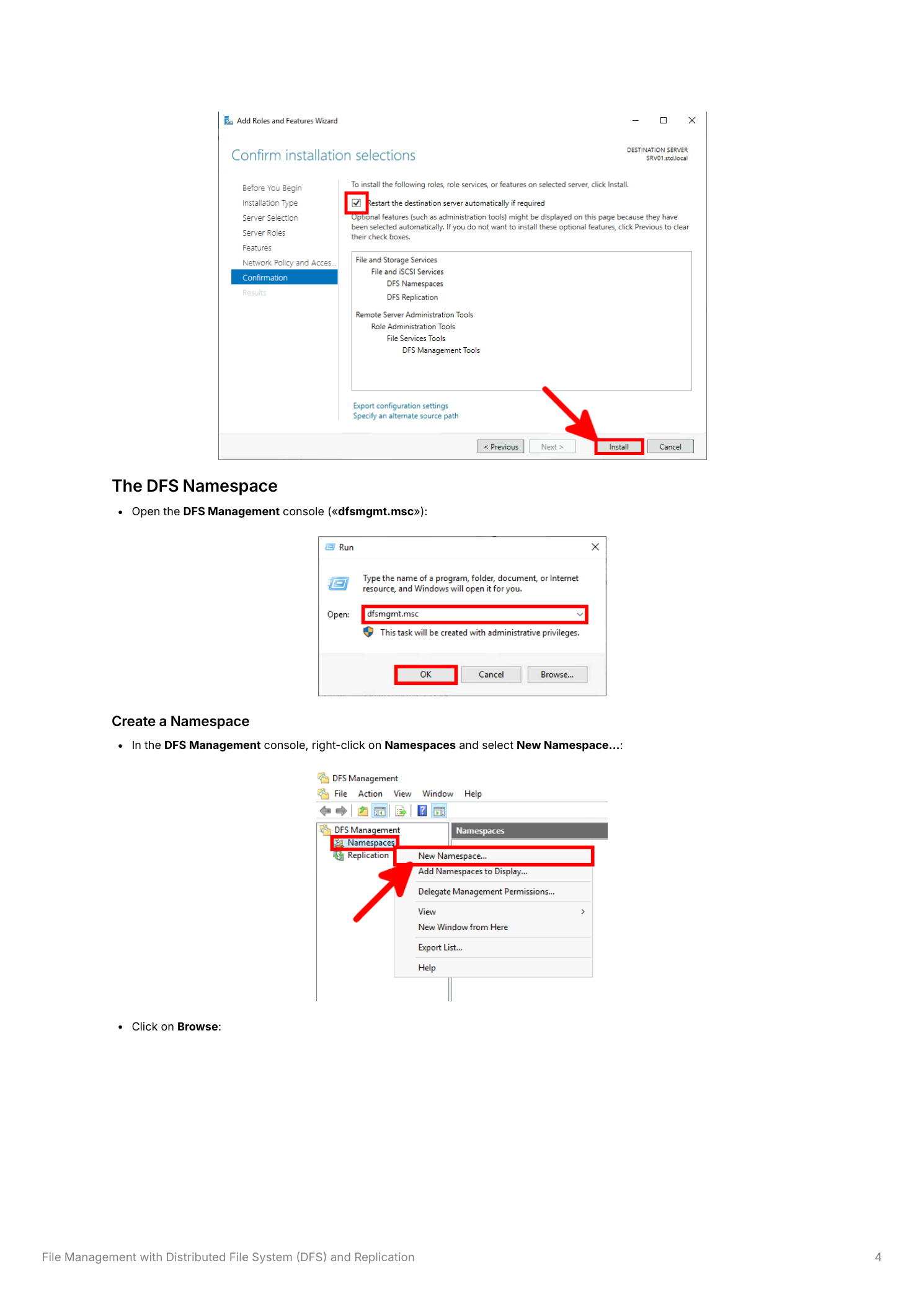 Add Roles and Features Results page showing installation succeeded for DFS Namespaces and DFS Replication