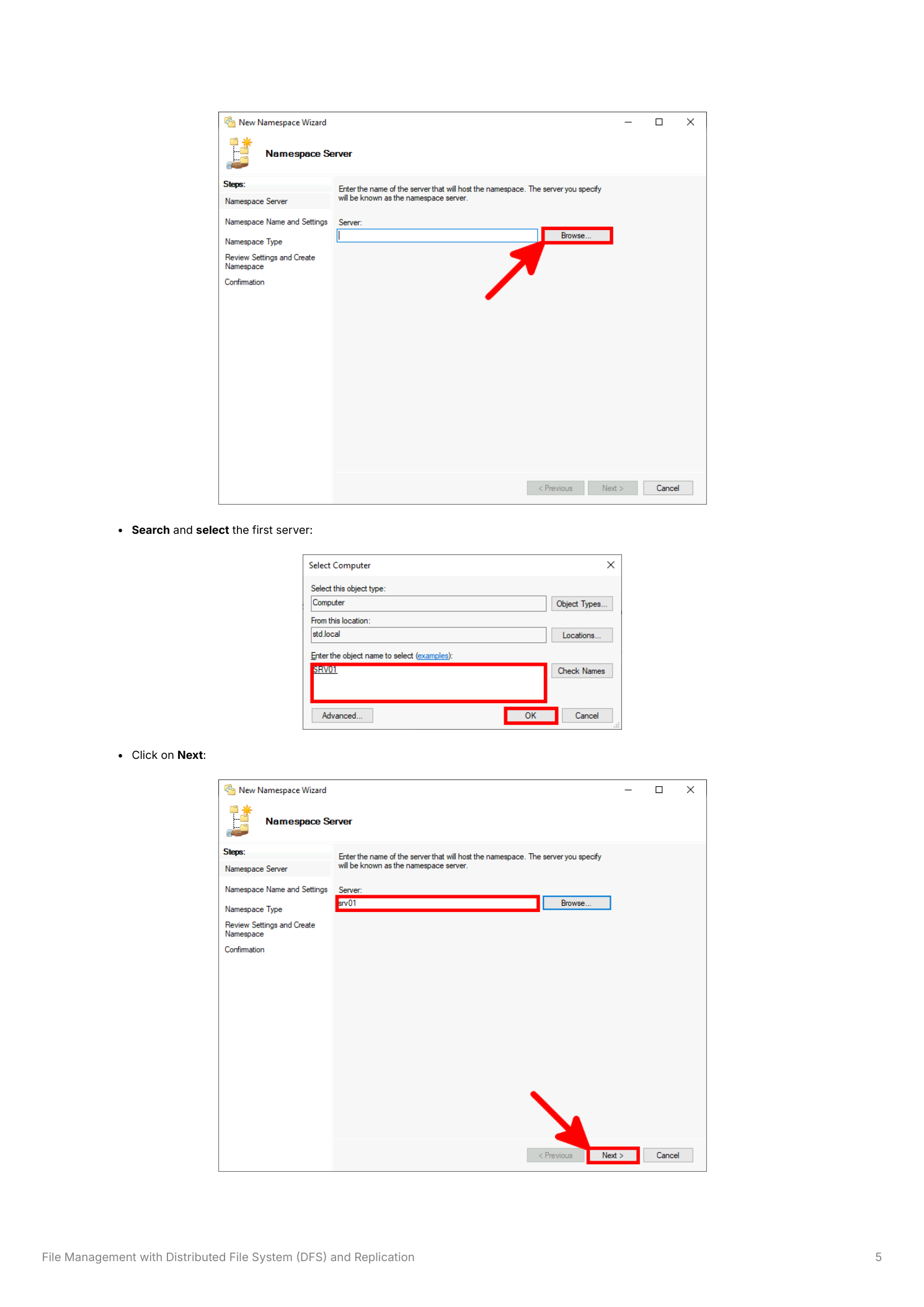 DFS Management console showing the Namespaces and Replication nodes in the left panel tree