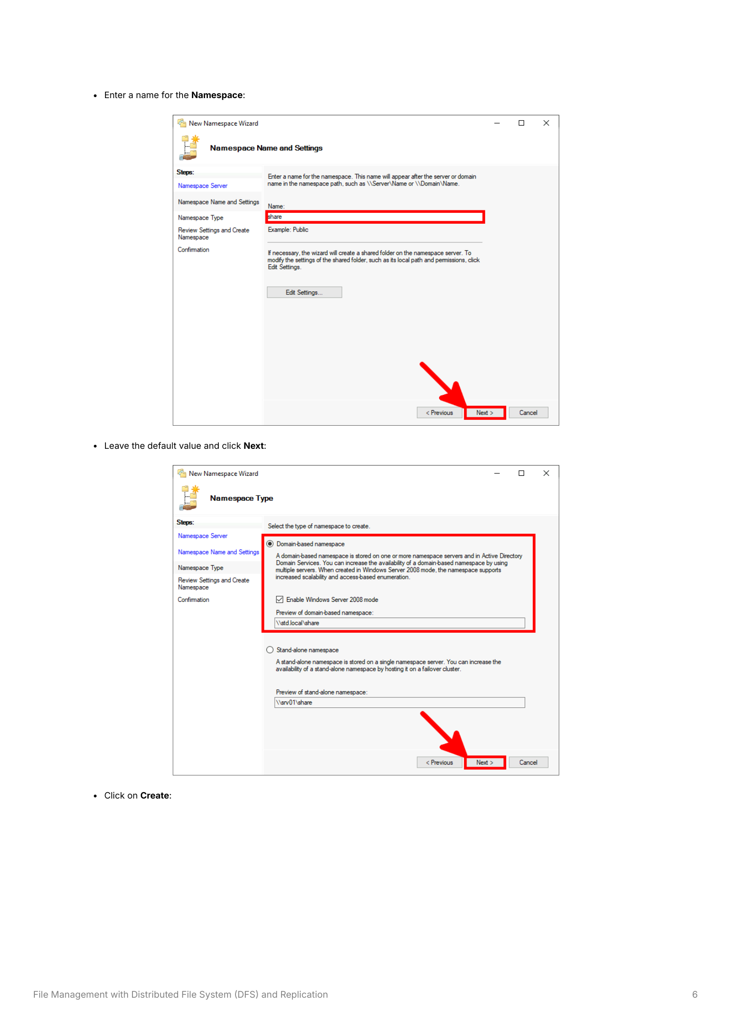 New Namespace Wizard server selection page with SRV01 entered as the namespace hosting server