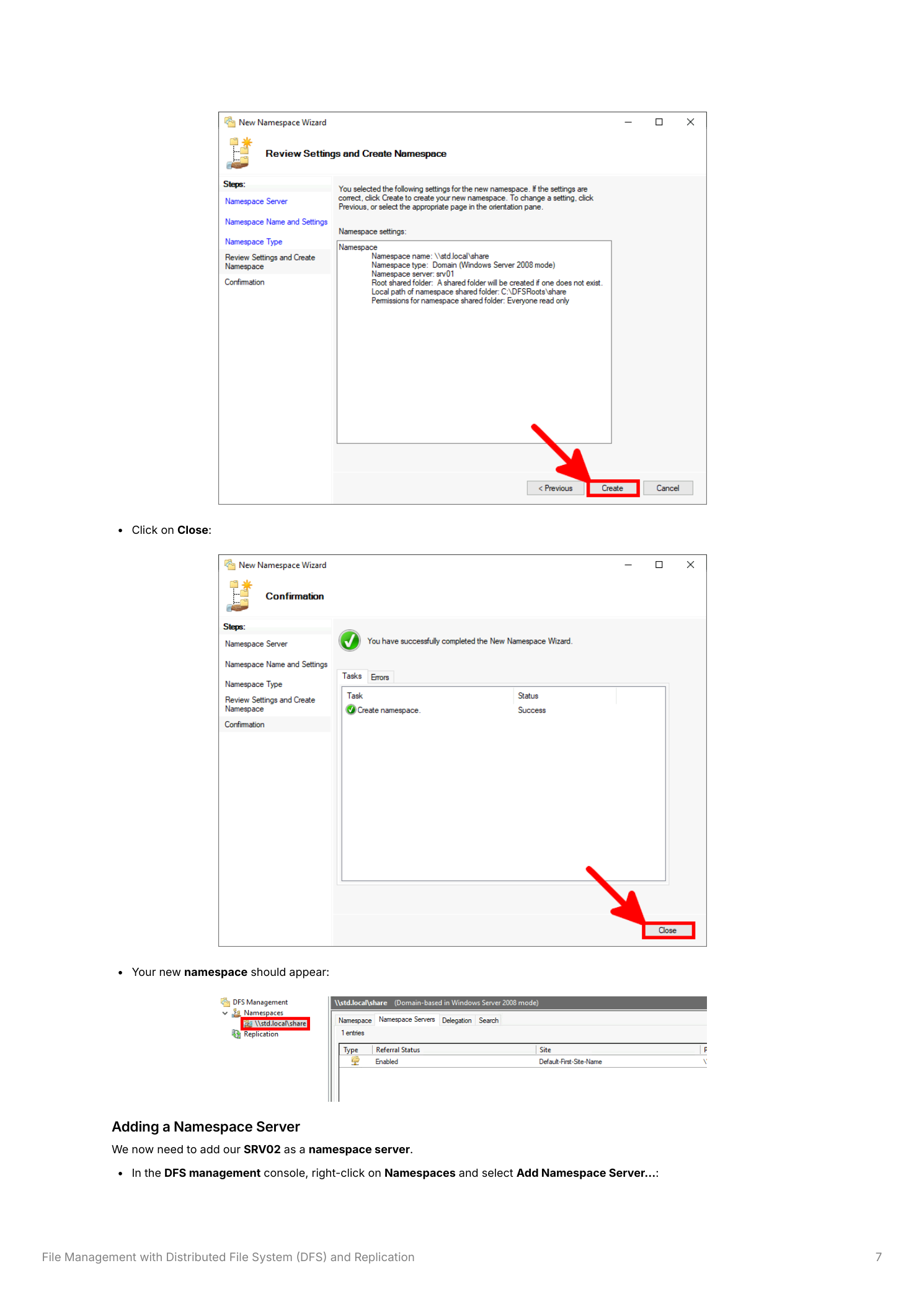 New Namespace Wizard showing 'share' entered as the namespace name with the full path preview \\std.local\share, and Domain-based namespace type selected