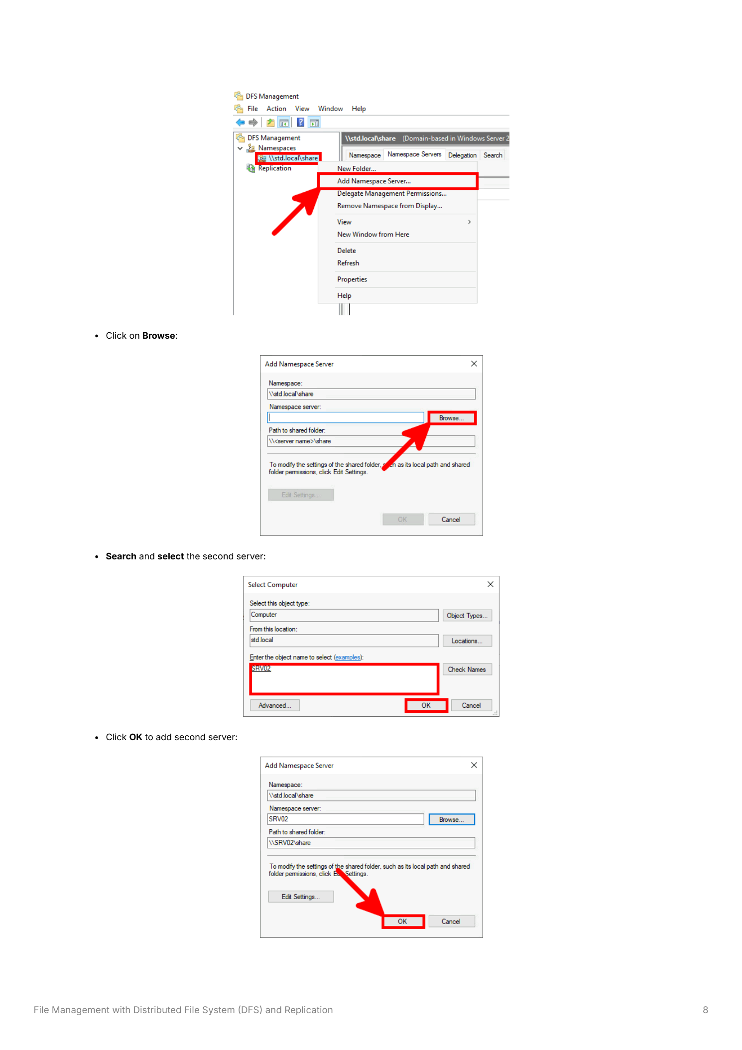 New Namespace Wizard review settings summary page and the DFS Management console showing the newly created \\std.local\share namespace in the tree