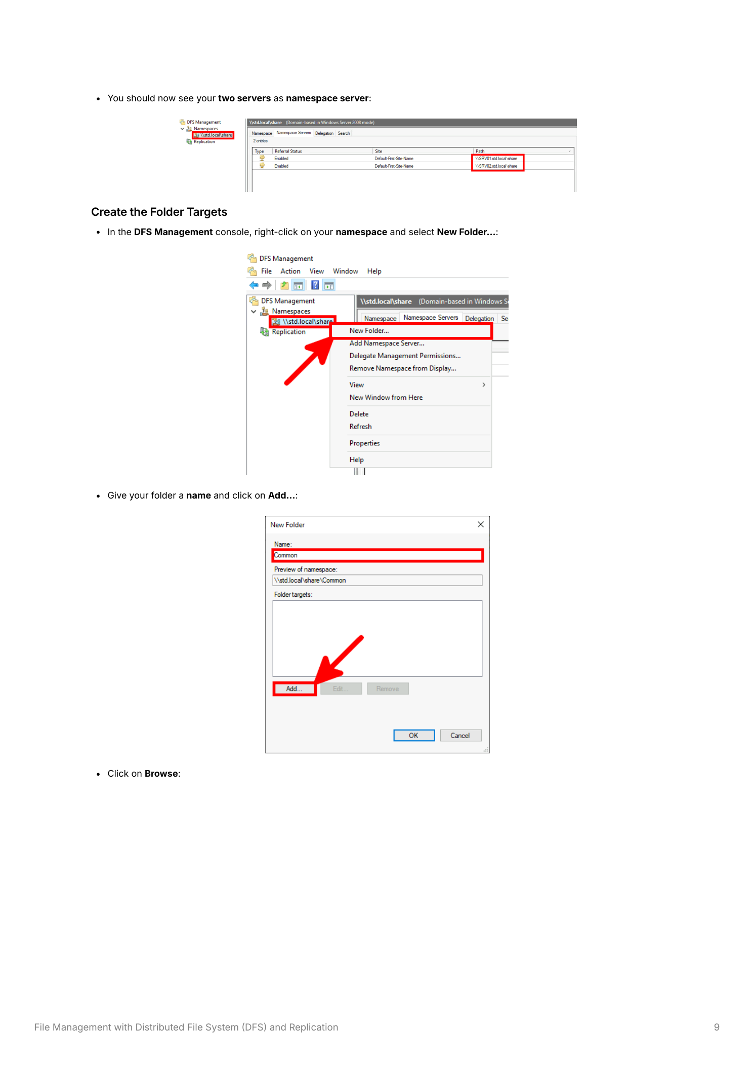 DFS Management showing the \\std.local\share namespace with both SRV01 and SRV02 listed as namespace servers with their respective referral paths
