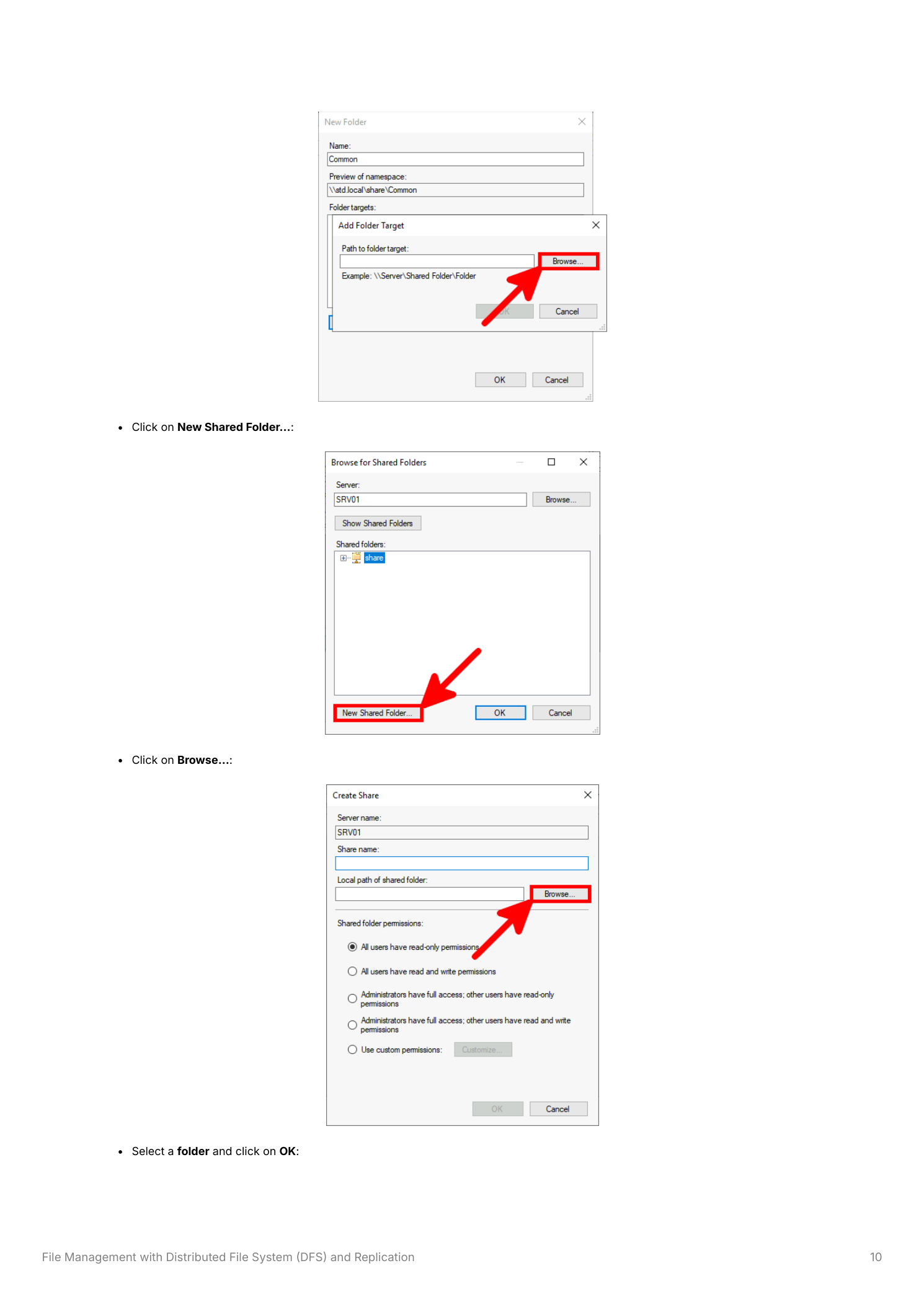 New Folder dialog with 'Common' entered as the folder name, showing \\std.local\share\Common as the namespace path preview and the Add button highlighted in the Folder targets section