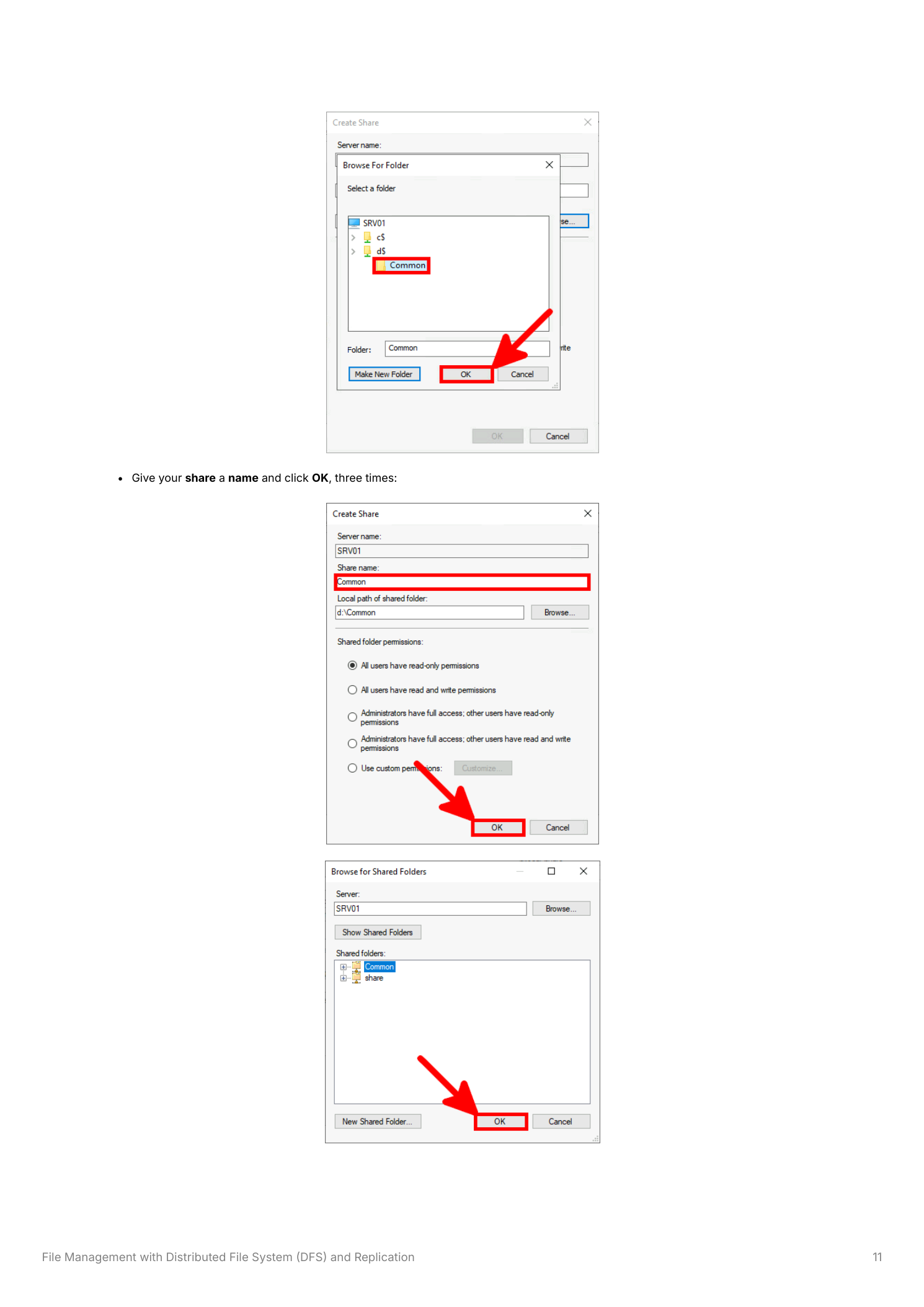 Browse For Folder dialog showing D:\Common selected on SRV01, and the Create Share dialog with share name 'Common' and local path D:\Common entered