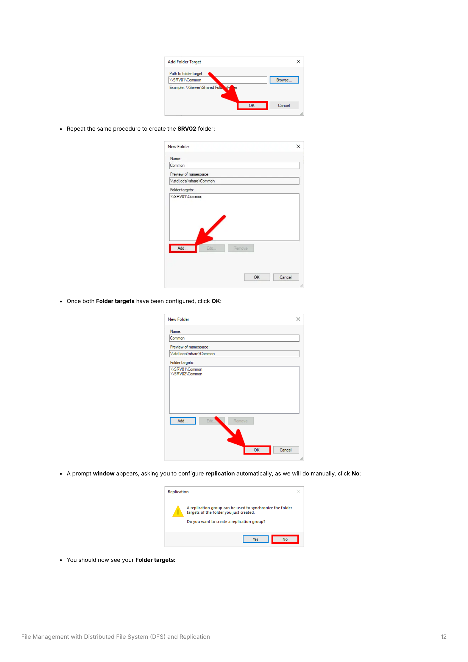 New Folder dialog showing two folder targets  -  \\SRV01\Common and \\SRV02\Common  -  both configured, with a Replication prompt asking whether to create a replication group automatically