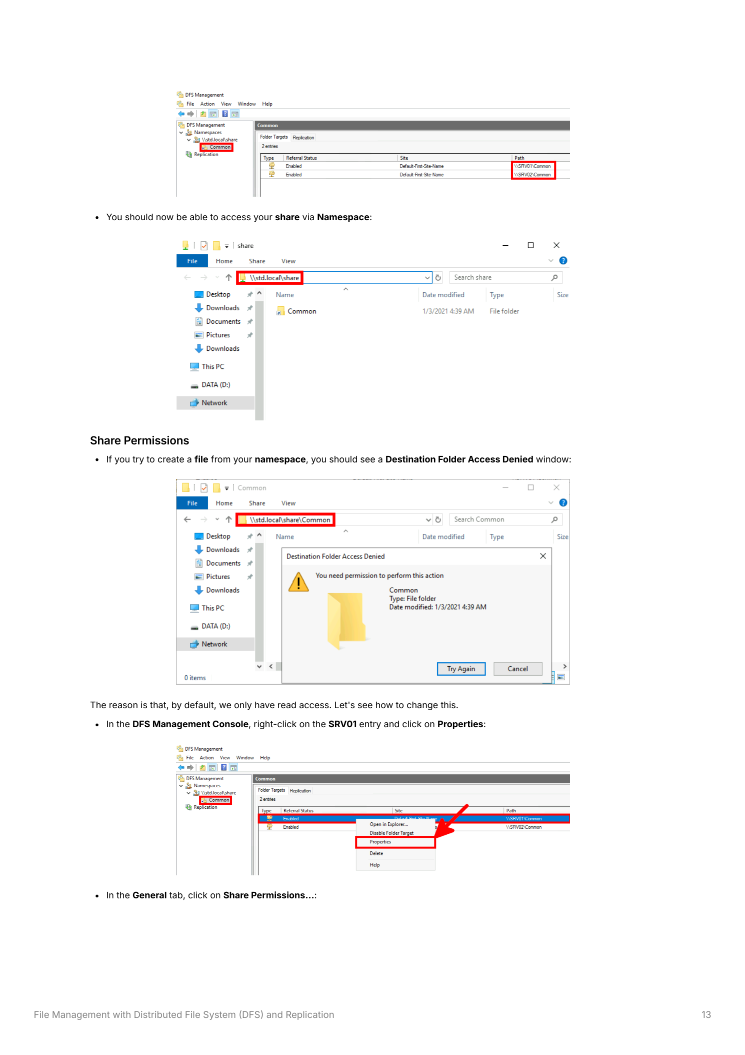 File Explorer showing \\std.local\share with Common folder visible, a Destination Folder Access Denied error dialog, and DFS Management with Properties selected on the SRV01 folder target