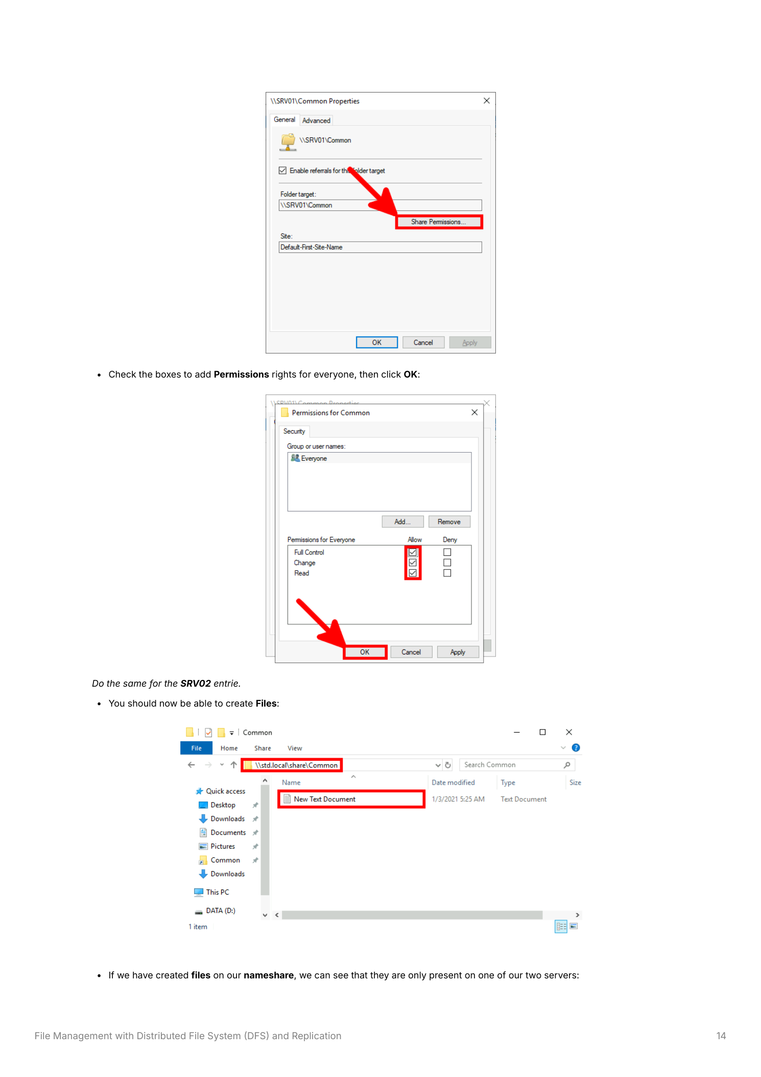 \\SRV01\Common Properties dialog showing the Share Permissions button, and the Permissions for Common dialog with Everyone's Full Control, Change, and Read checkboxes all checked