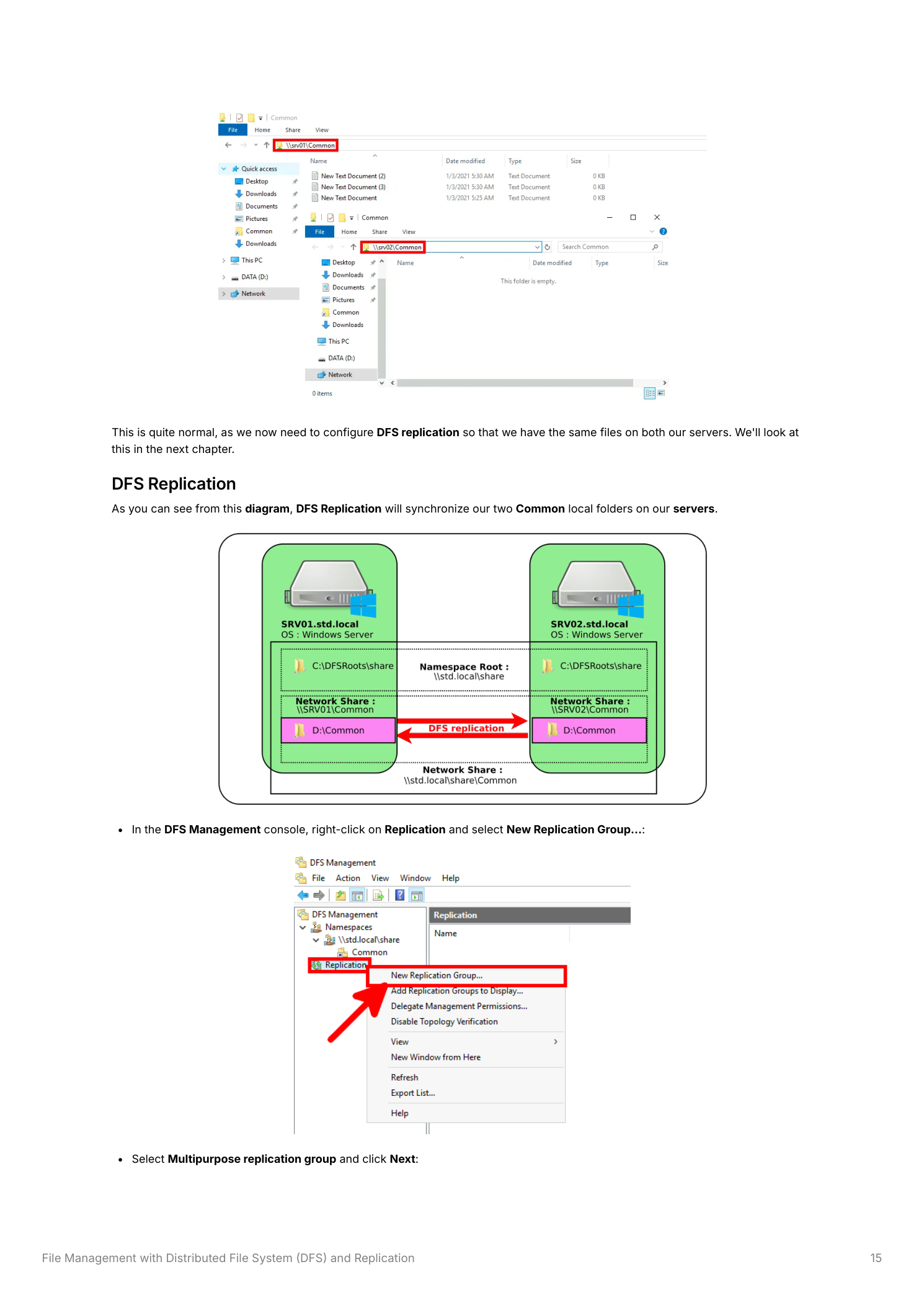 Diagram showing SRV01 and SRV02 each connected to a Namespace Root with their D:\Common network shares, and a DFS Replication arrow synchronizing the two servers  -  alongside DFS Management with New Replication Group selected from the Replication context menu