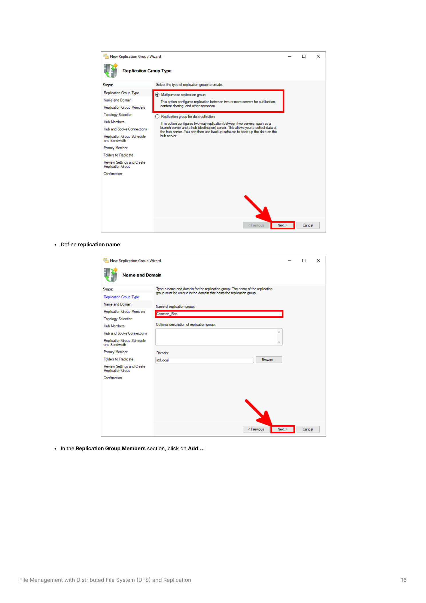 New Replication Group Wizard showing Multipurpose replication group selected on the Group Type page, and Common_Rep entered on the Name and Domain page with std.local as the domain