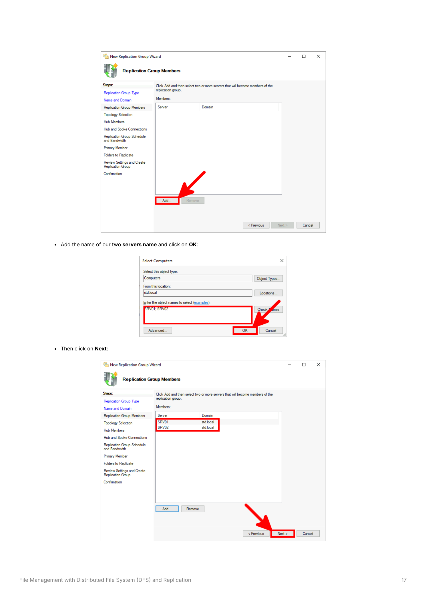 Select Computers dialog with SRV01; SRV02 entered in the object names field, and the Replication Group Members page showing both SRV01 and SRV02 added in the std.local domain