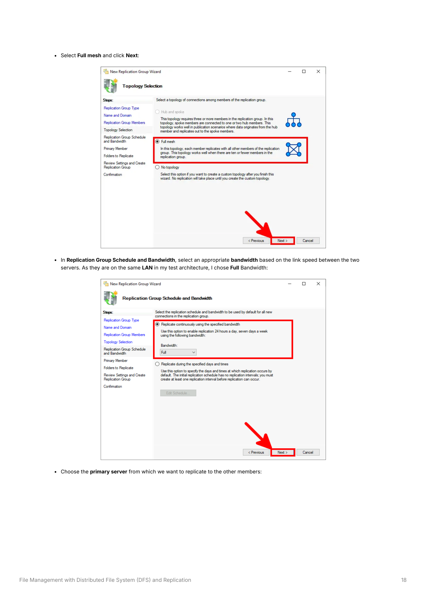 Topology Selection page with Full mesh selected, and the Replication Group Schedule and Bandwidth page with continuous replication and Full bandwidth chosen