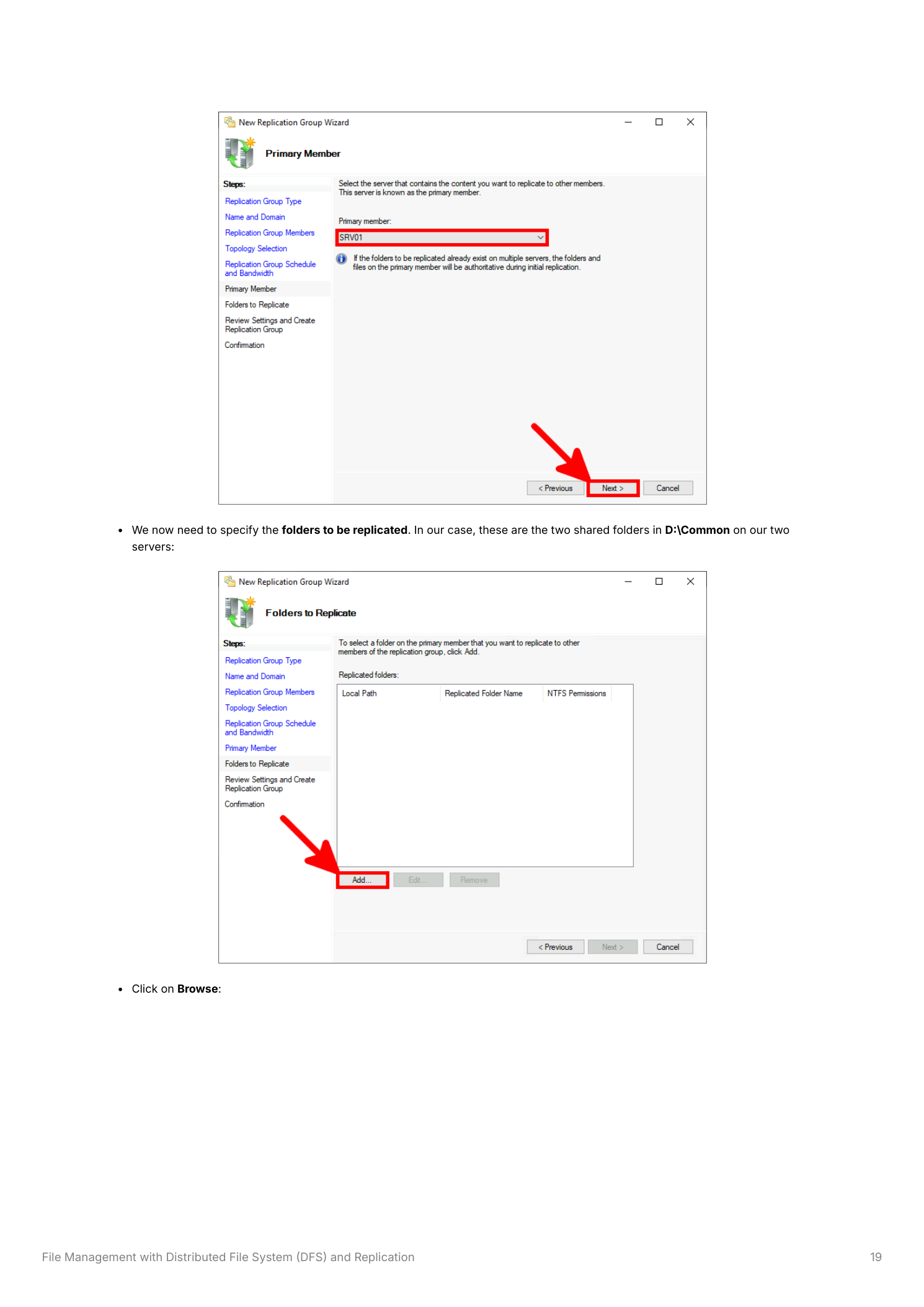 Primary Member page with SRV01 selected in the dropdown, and the Folders to Replicate page with an empty list and the Add button highlighted