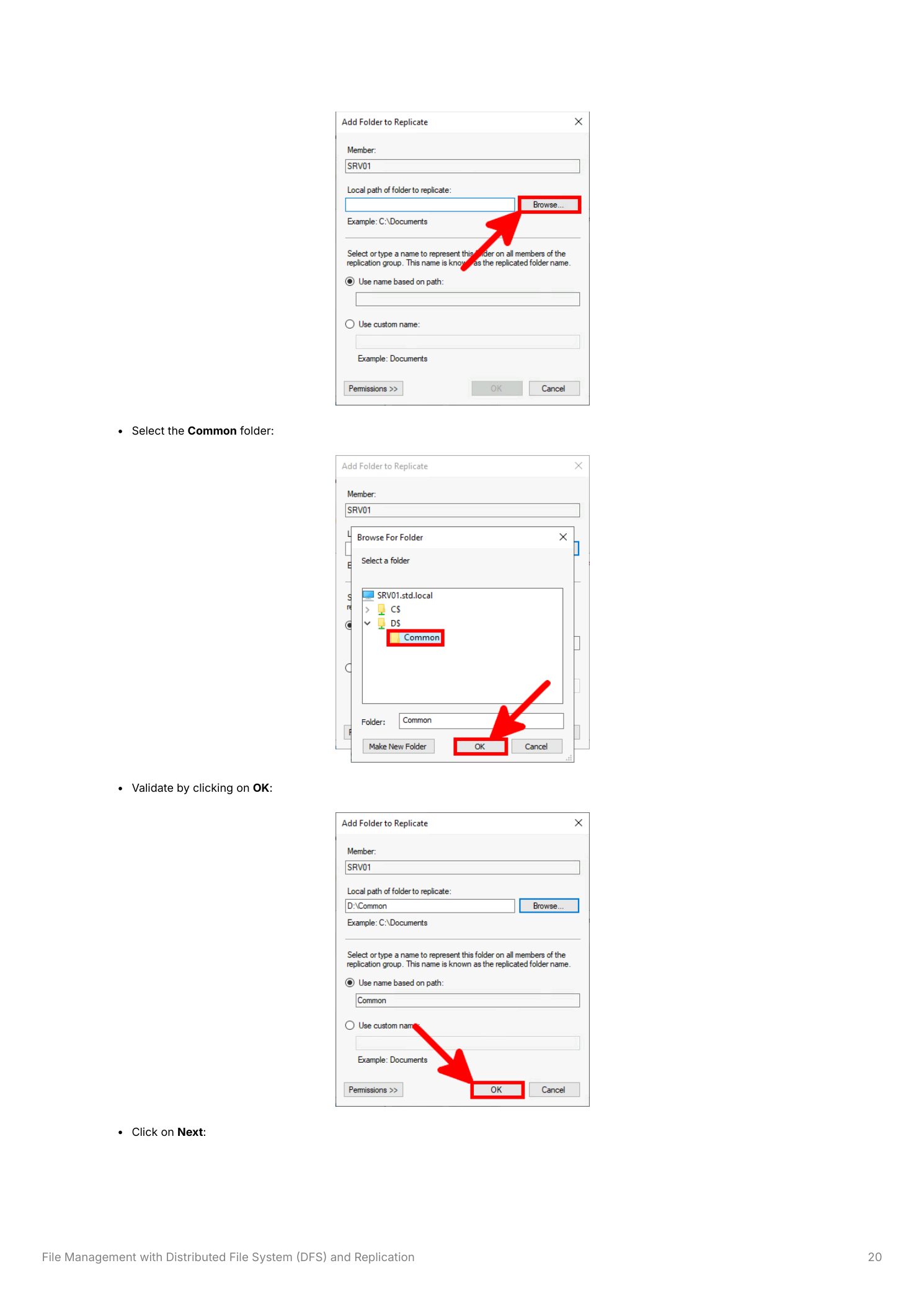 Add Folder to Replicate dialog showing Browse For Folder with D:\Common selected on SRV01, and the replicated folder name automatically set to Common