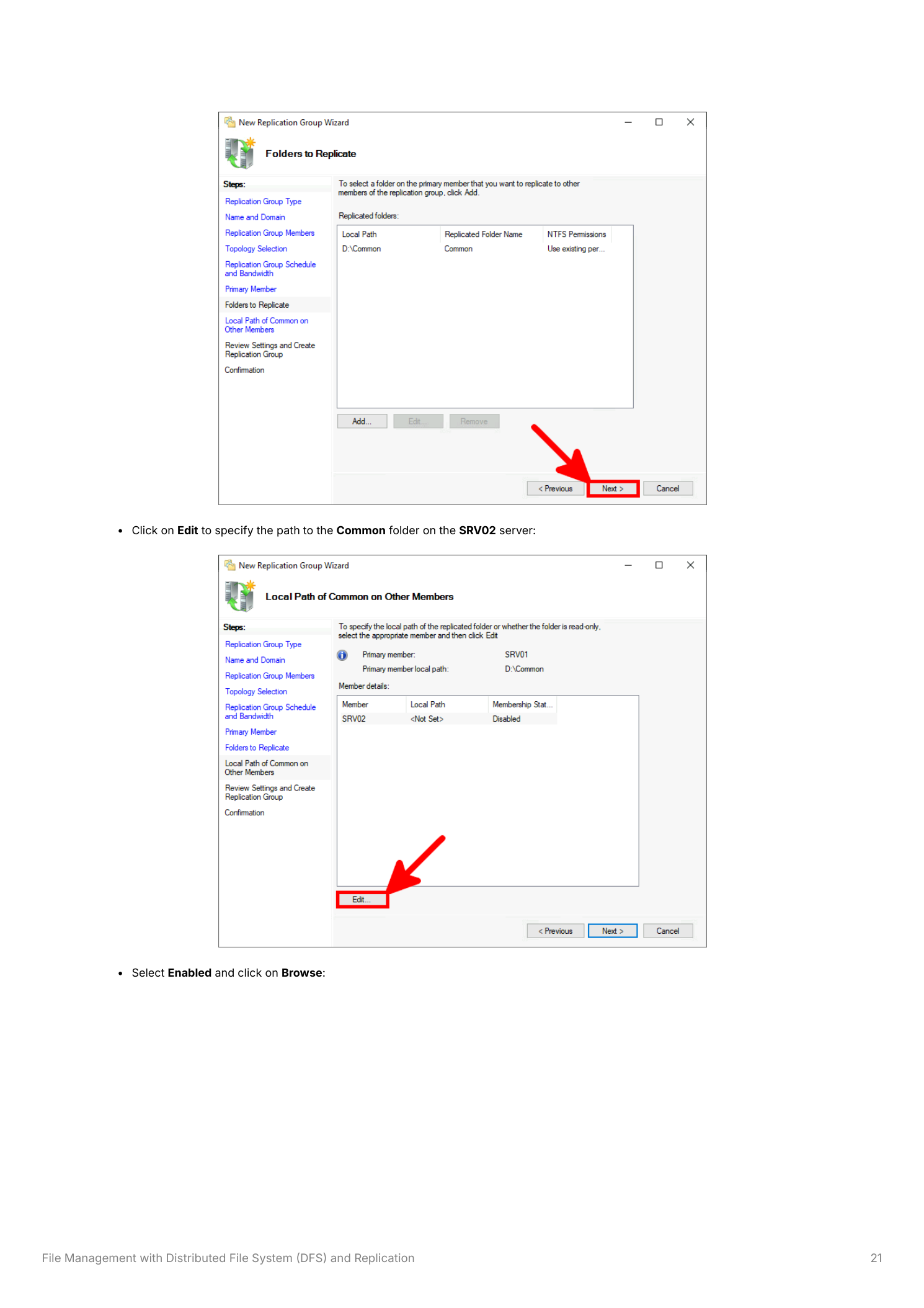 Folders to Replicate page showing D:\Common listed with replicated folder name Common, then the Local Path of Common on Other Members page with SRV02 showing Not Set and Disabled status, with Edit highlighted