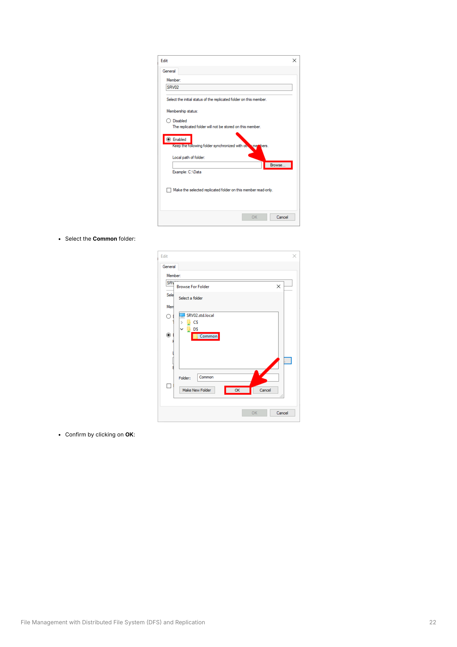 Edit dialog for SRV02 with Enabled membership status selected and Browse For Folder open showing D:\Common selected under SRV02.std.local