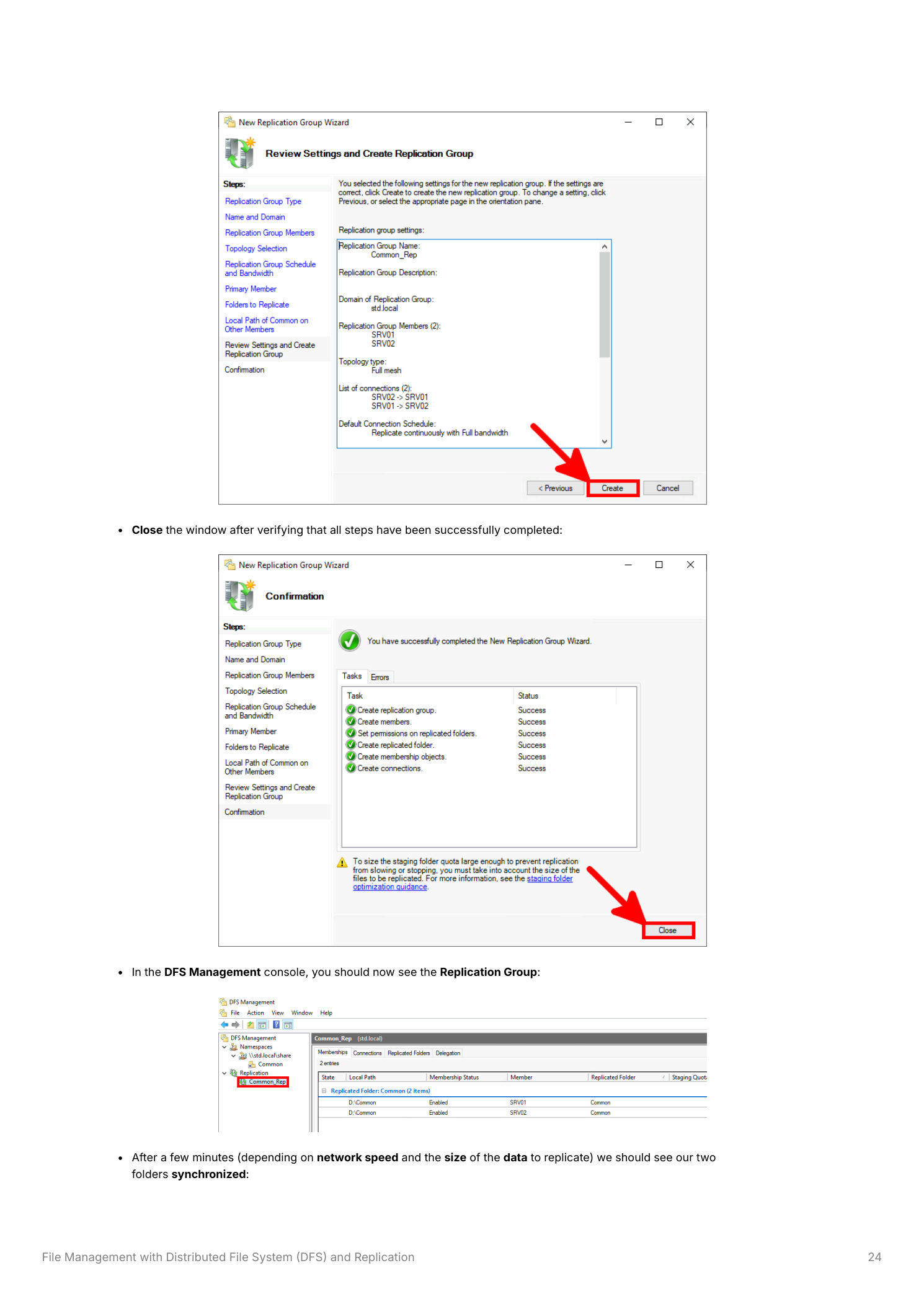 DFS Management console showing the Common_Rep replication group listed under the Replication node with SRV01 and SRV02 visible as members