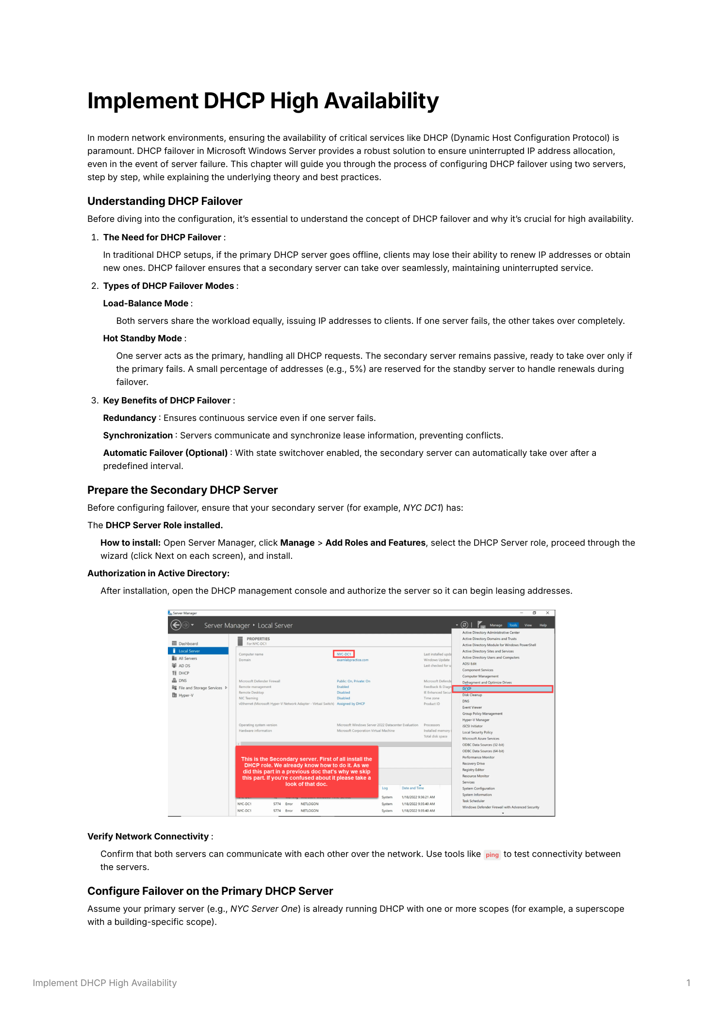 Server Manager Add Roles and Features wizard on the secondary server with DHCP Server selected, alongside the DHCP console showing the server authorized with green arrows after completing the post-installation configuration wizard