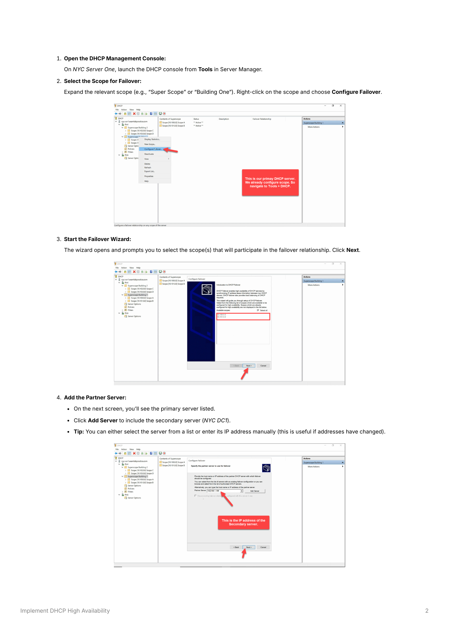 DHCP console on the primary server showing the scope right-click context menu with Configure Failover highlighted, and the Configure Failover Wizard open on the Introduction page listing the scope selected for failover