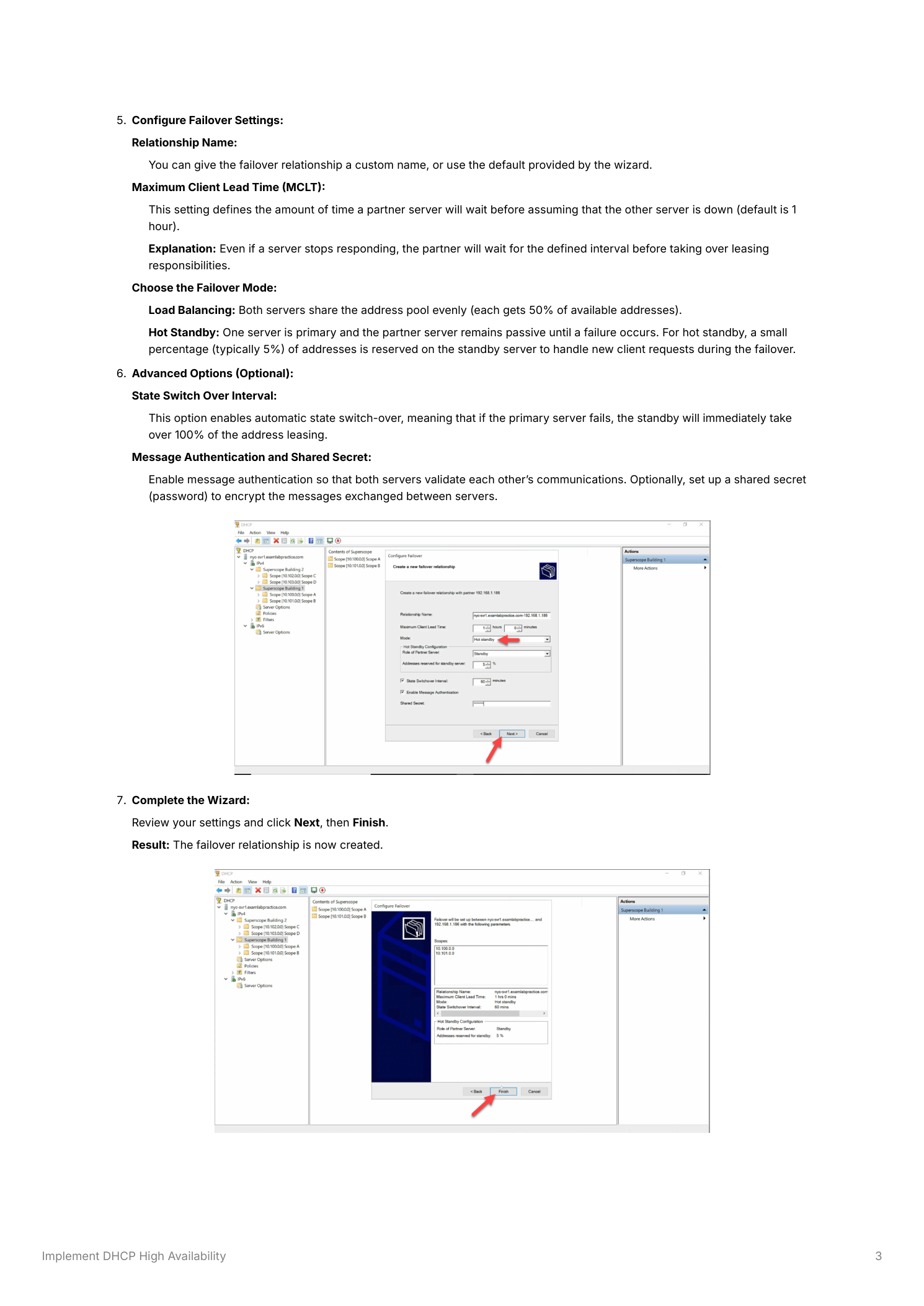 Configure Failover Wizard partner server selection screen with the Add Server button visible and the secondary server NYC-DC-One selected from the server list, alongside the failover settings page showing Relationship Name, Maximum Client Lead Time, failover mode radio buttons, and load balance percentage fields