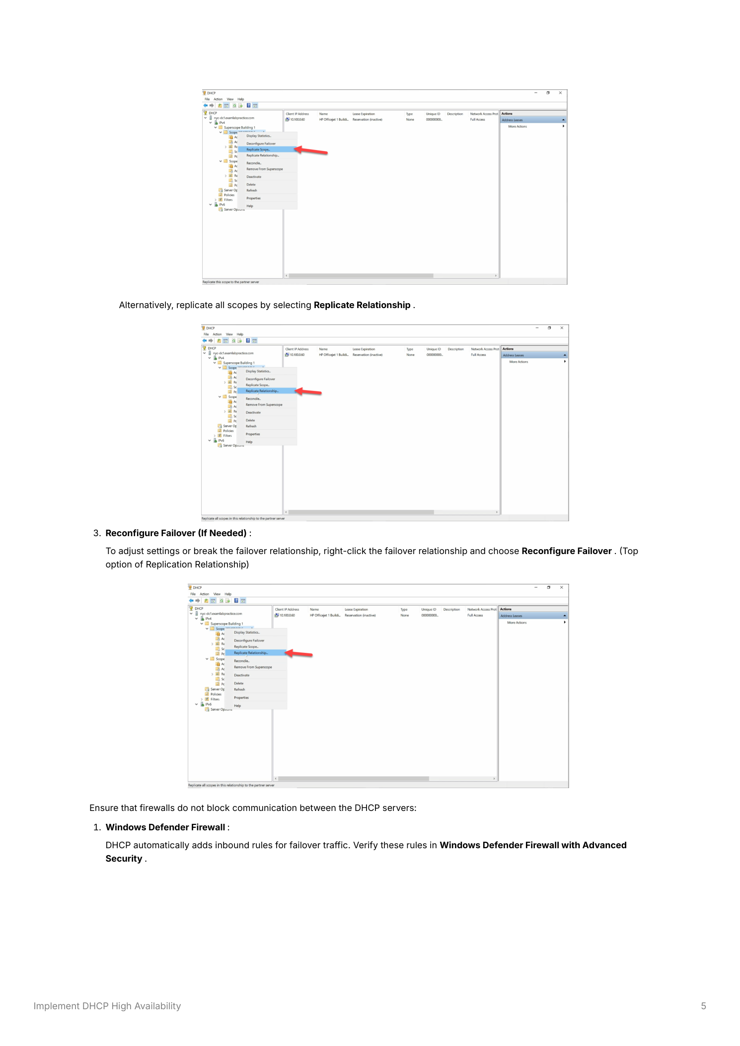 DHCP console showing the scope right-click context menu with Replicate Scope and Replicate Relationship options highlighted, and the Reconfigure Failover option visible for modifying or removing the failover relationship