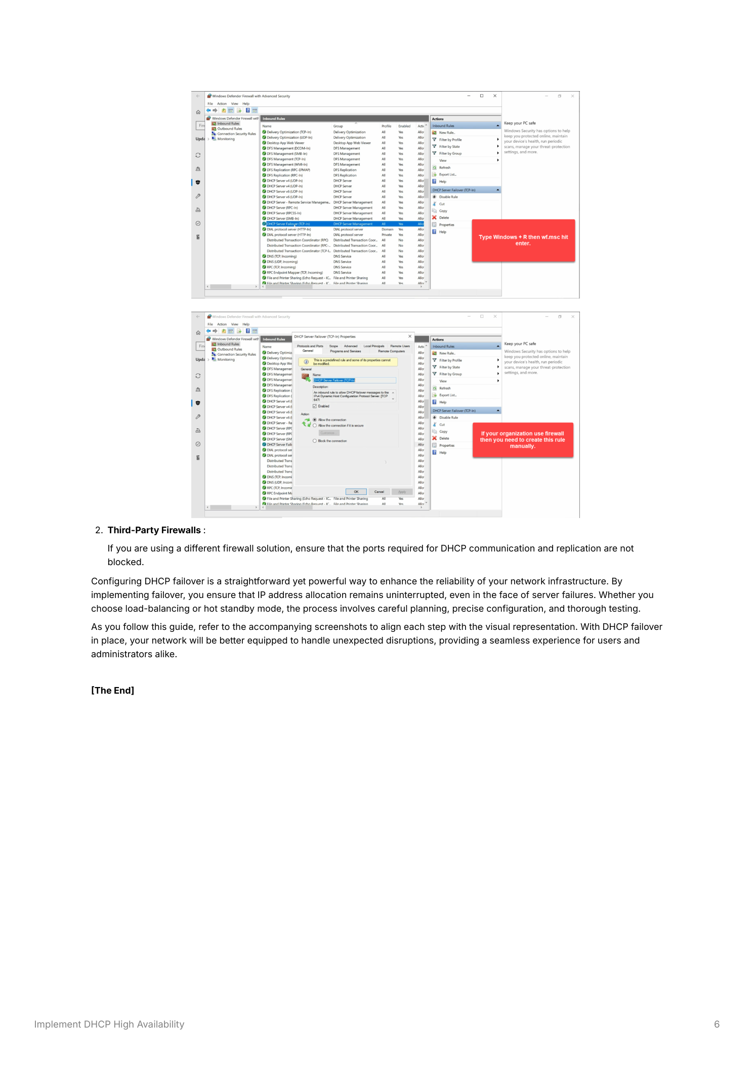 DHCP console showing both servers with the failover relationship in Normal status alongside Windows Defender Firewall with Advanced Security open showing DHCP failover inbound rules enabled, with callout highlights on the relevant rules