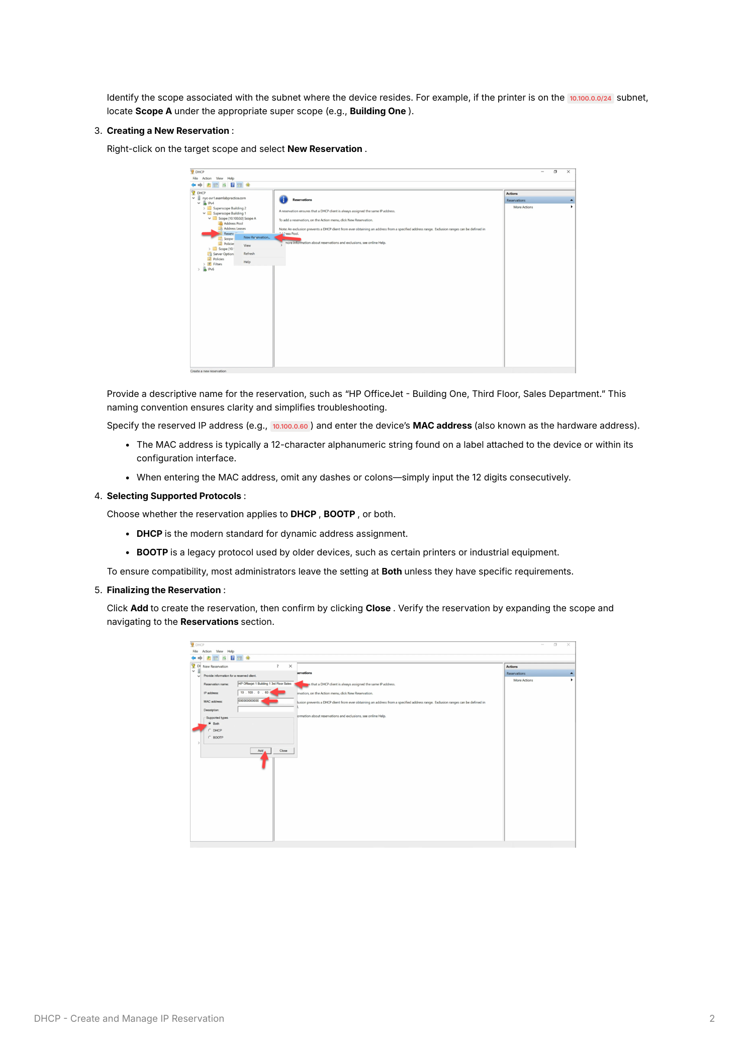 New Reservation dialog showing the Reservation Name, IP Address, MAC Address, and Supported by radio buttons (DHCP, BOOTP, Both) with Both selected, alongside the DHCP console Reservations section displaying the newly created reservation with its assigned IP and name