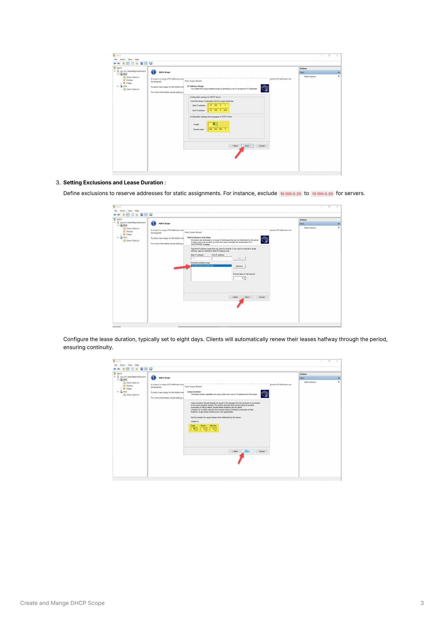 New Scope Wizard Add Exclusions and Lease Duration page showing an exclusion range from 192.168.1.100 to 192.168.1.110 entered in the exclusion fields, and the Lease Duration set to 8 days