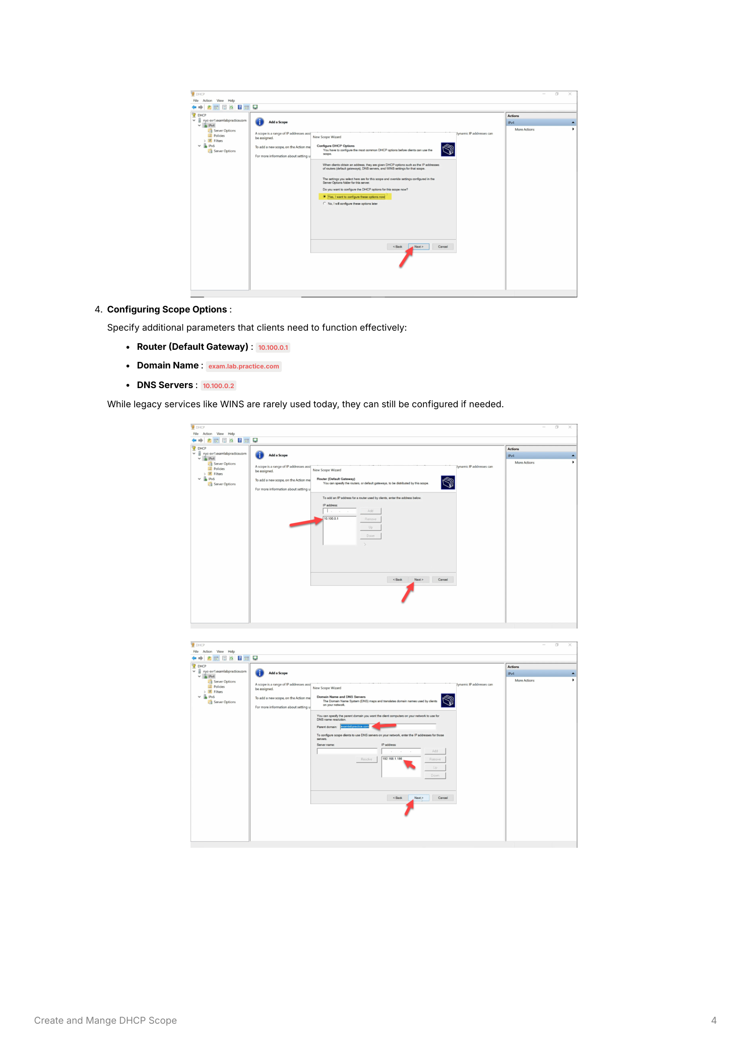 New Scope Wizard Scope Options pages showing the Router IP address 192.168.1.1 entered and added, and the DNS Servers page with the domain name and DNS server IP 192.168.1.5 entered