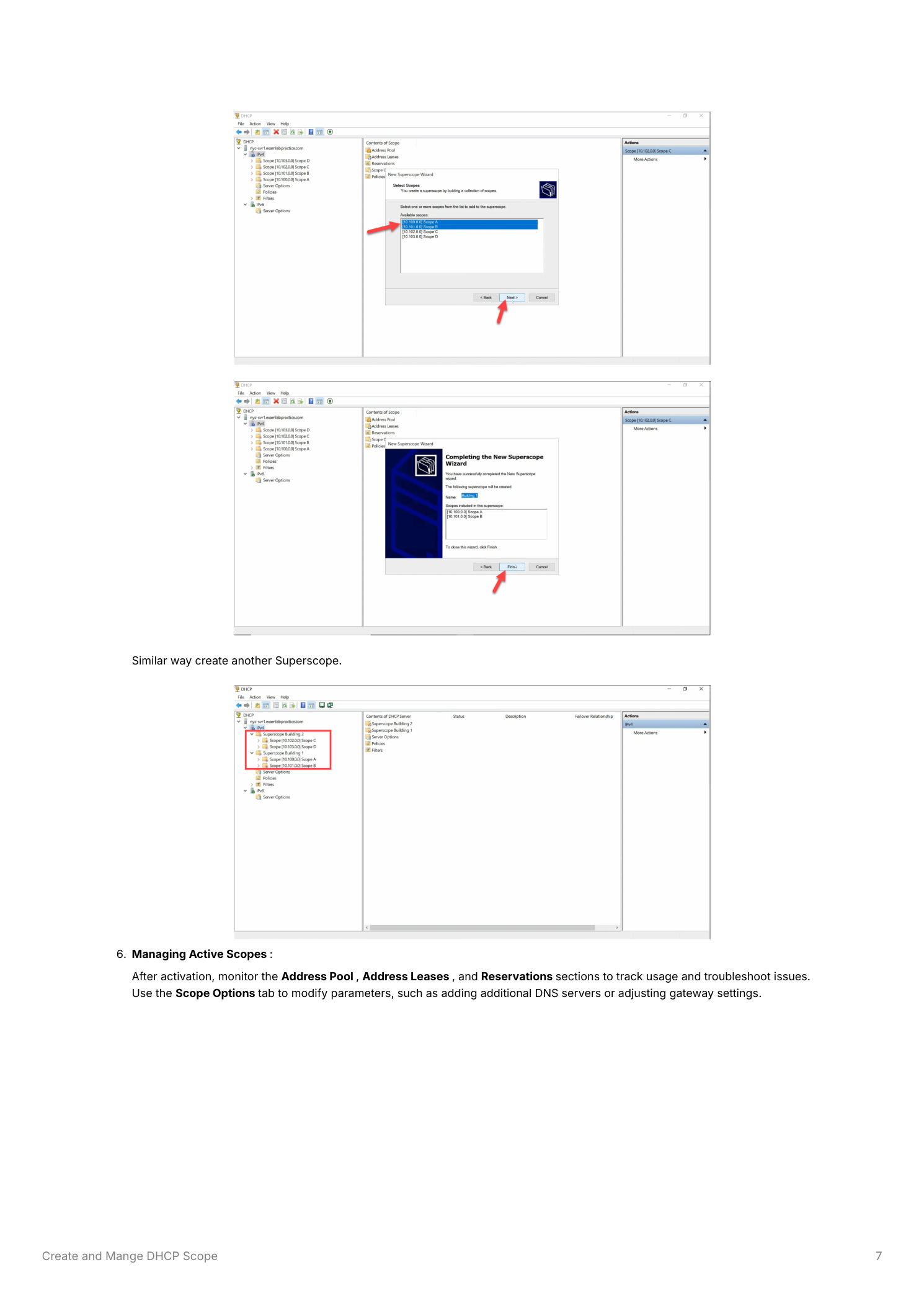 DHCP console showing the scope right-click context menu with Properties highlighted, and the Scope Properties dialog open with tabs for General, DNS, and Advanced settings and editable fields for scope name, IP range, and lease duration