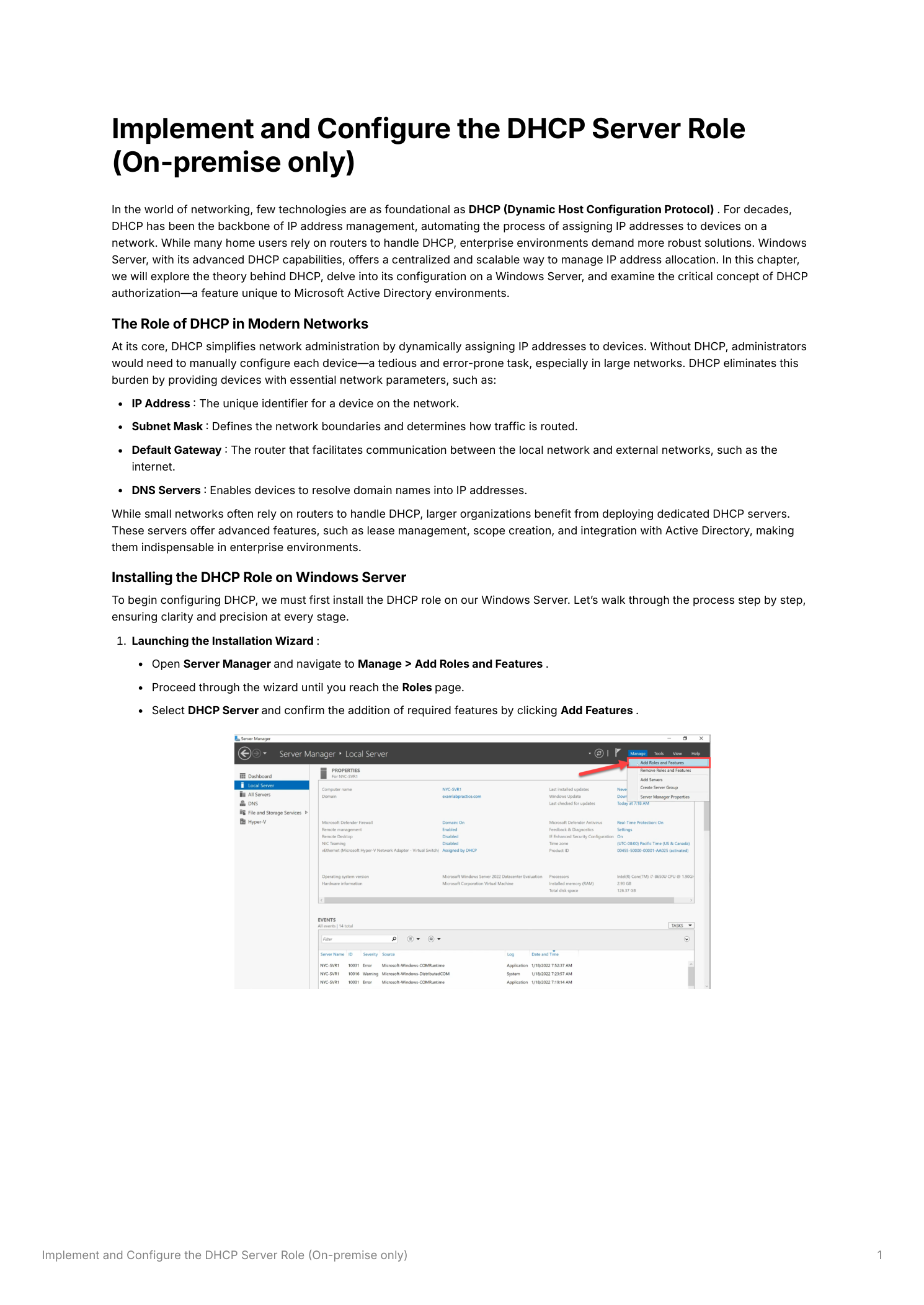 Server Manager Add Roles and Features wizard showing the Server Roles page with DHCP Server selected and highlighted, with a description of the DHCP Server role in the right panel and the Add Features confirmation dialog visible