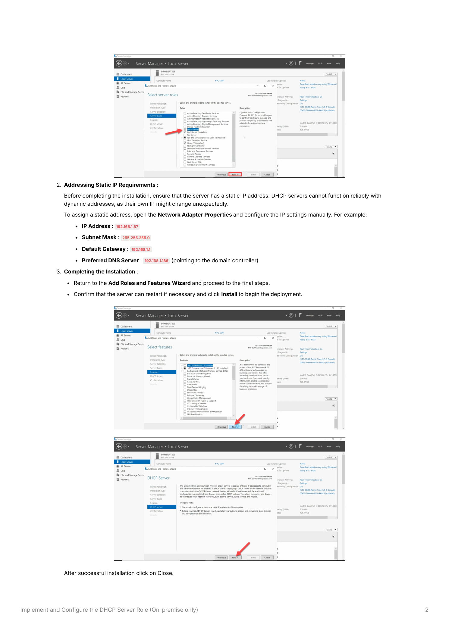 Add Roles and Features wizard showing the DHCP Server role installation in progress and the completion screen, alongside the Network Adapter Properties dialog showing static IP address, subnet mask, default gateway, and preferred DNS server configured manually