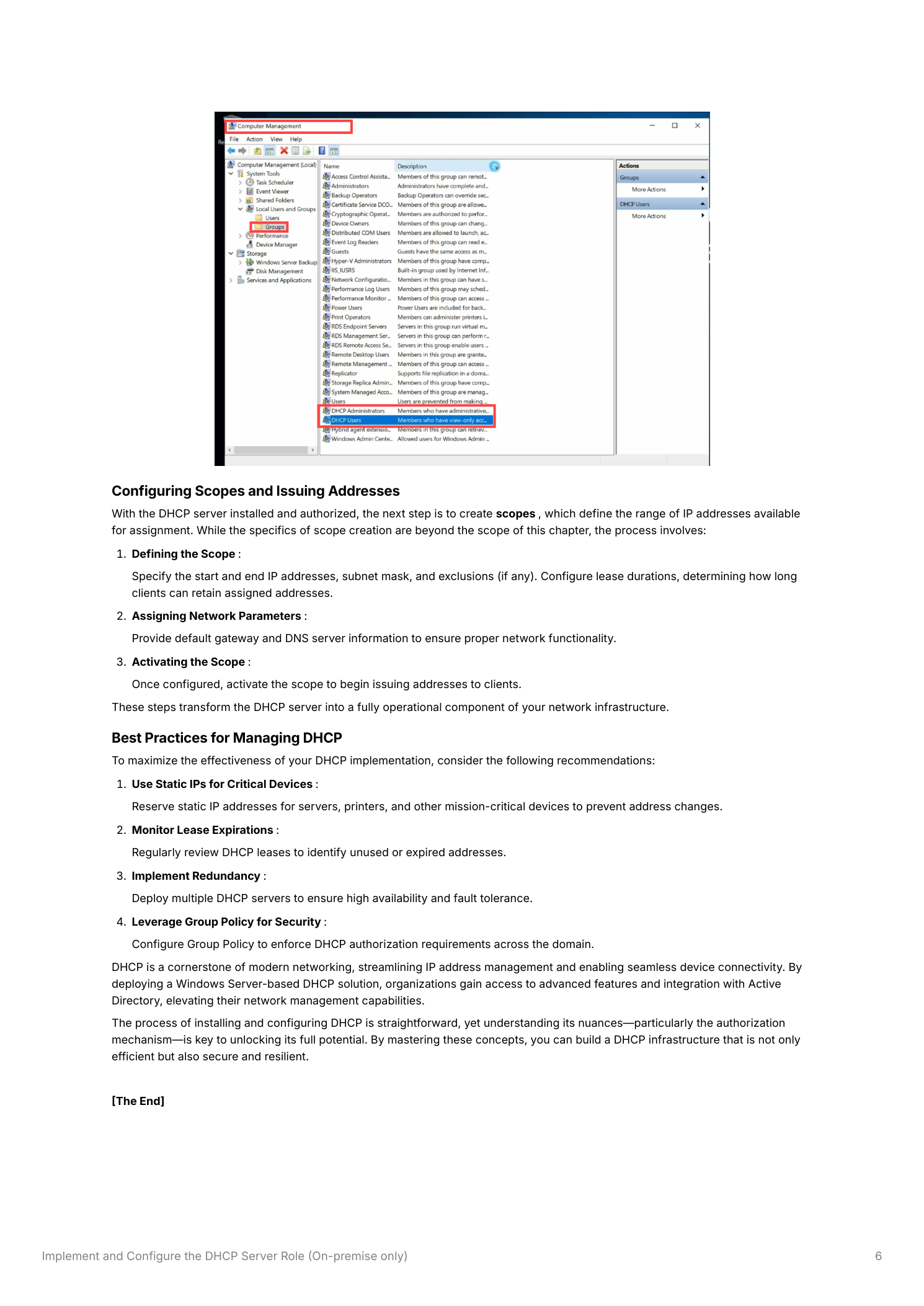 DHCP console showing the IPv4 node with a newly created scope listed, and the New Scope Wizard dialogs for defining the IP address range, exclusions, lease duration, and network parameters including default gateway and DNS server entries