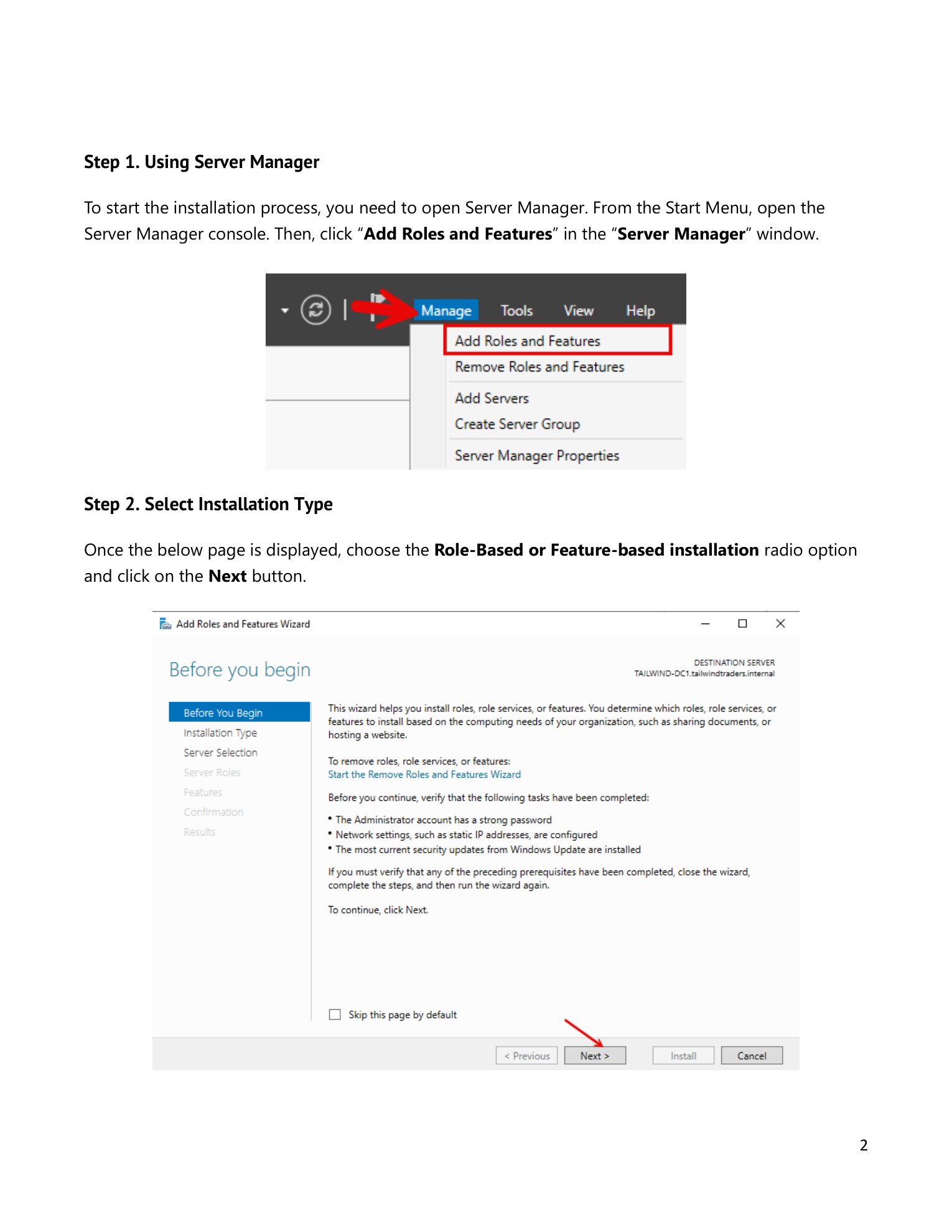 Server Manager dashboard with the Manage menu open showing Add Roles and Features, and the Add Roles and Features Wizard on the Installation Type page with Role-based or Feature-based installation selected