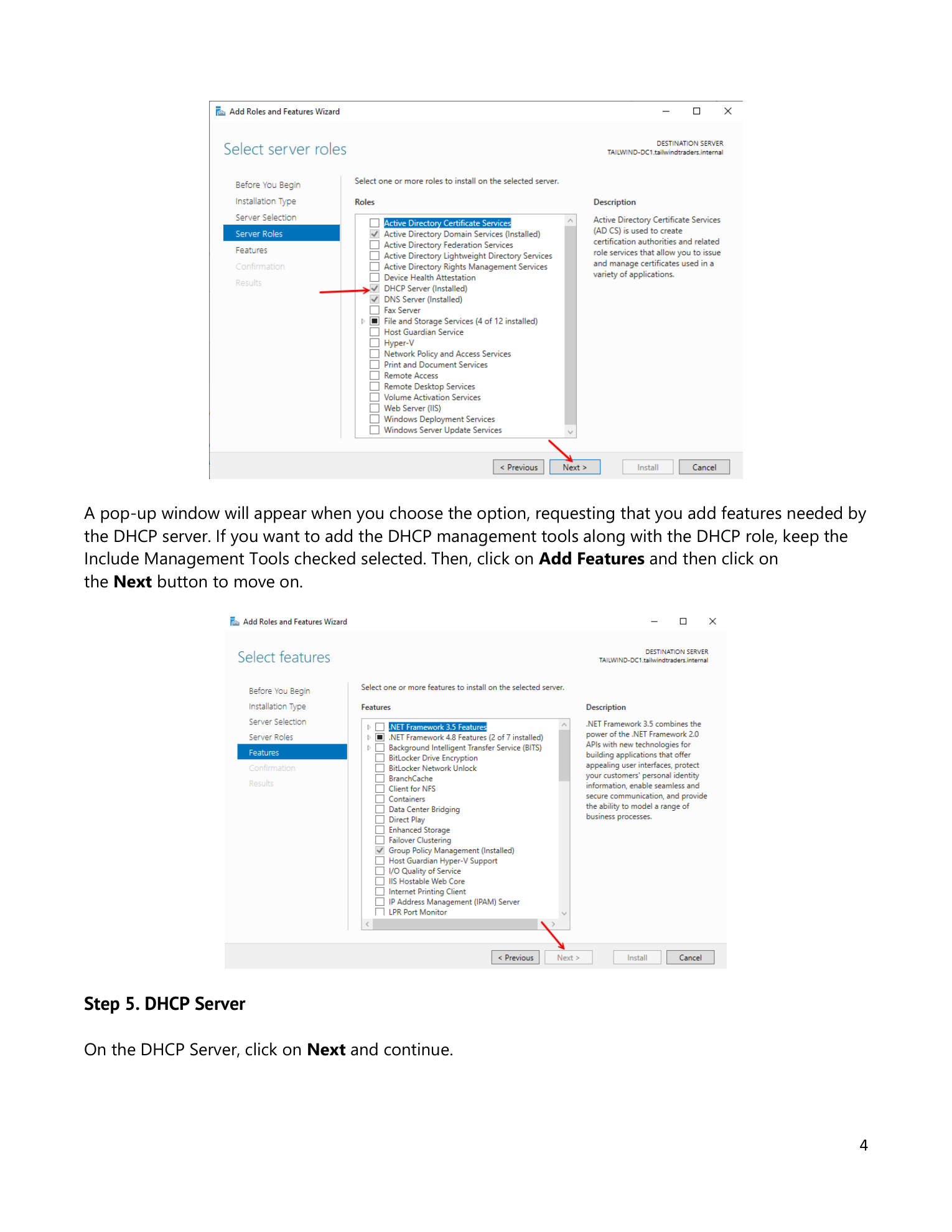 Server Roles page with DHCP Server checked in the roles list, and the Add Features confirmation dialog open showing DHCP Server Tools to be installed, with the Add Features button highlighted