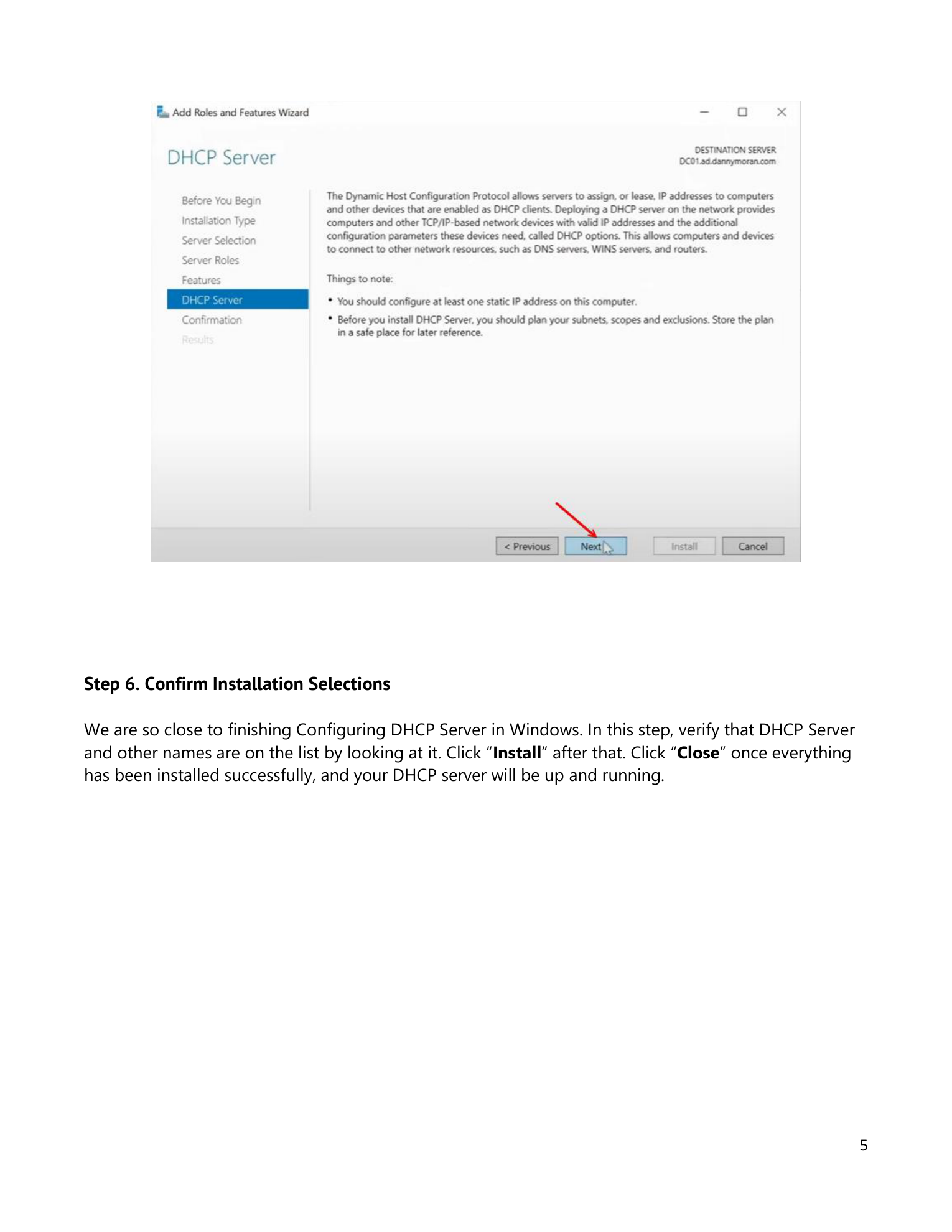 Add Roles and Features Wizard Confirmation page listing DHCP Server and DHCP Server Tools as items to be installed, with the Install button highlighted at the bottom