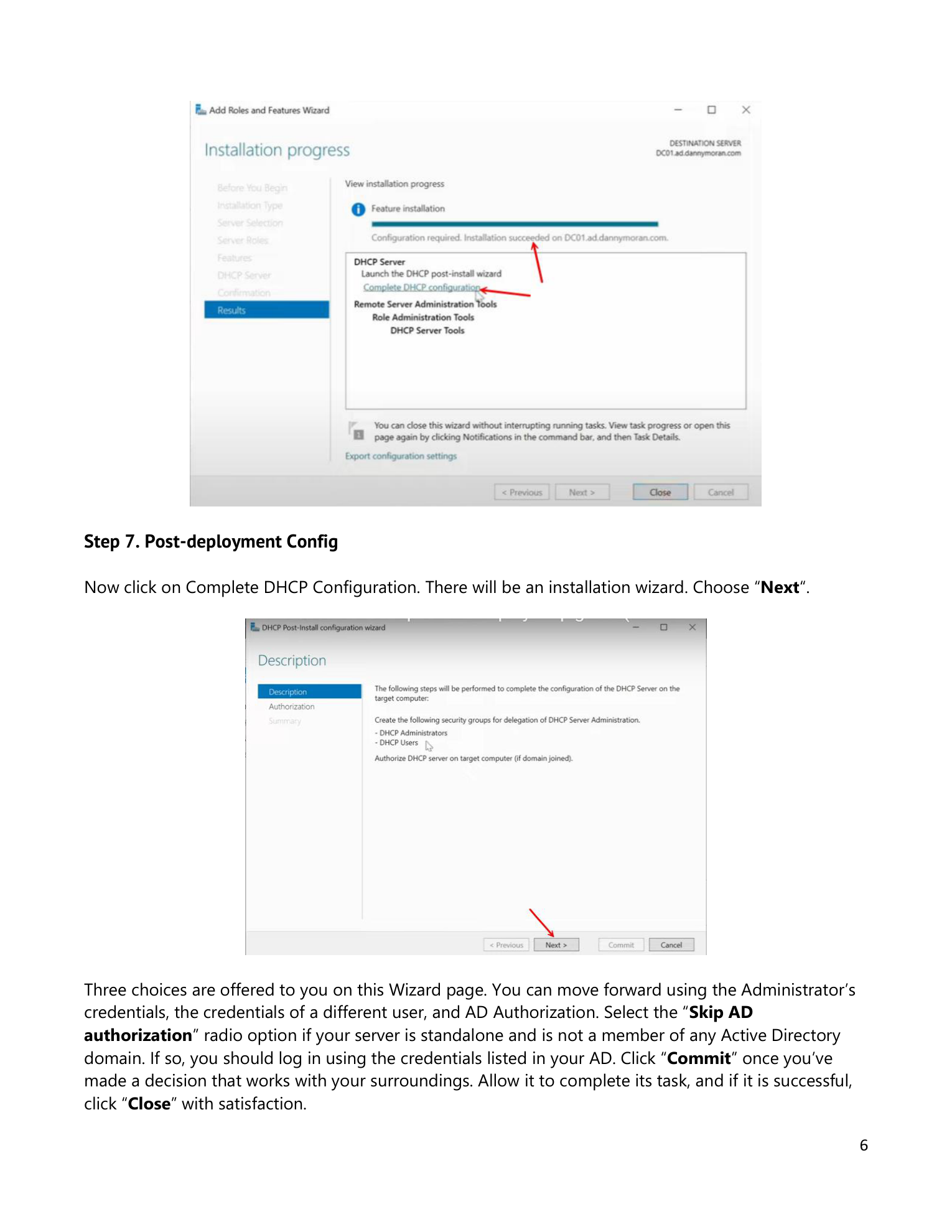 Server Manager showing the installation progress page with DHCP Server installed successfully and the notification flag visible in the header, alongside the Complete DHCP Configuration option in the notification dropdown