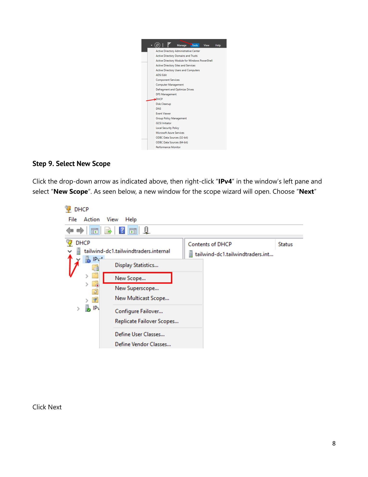 Server Manager Tools menu open with DHCP highlighted, and the DHCP management console open showing the server node expanded with IPv4 and IPv6 nodes visible, with the IPv4 node right-click menu showing New Scope highlighted