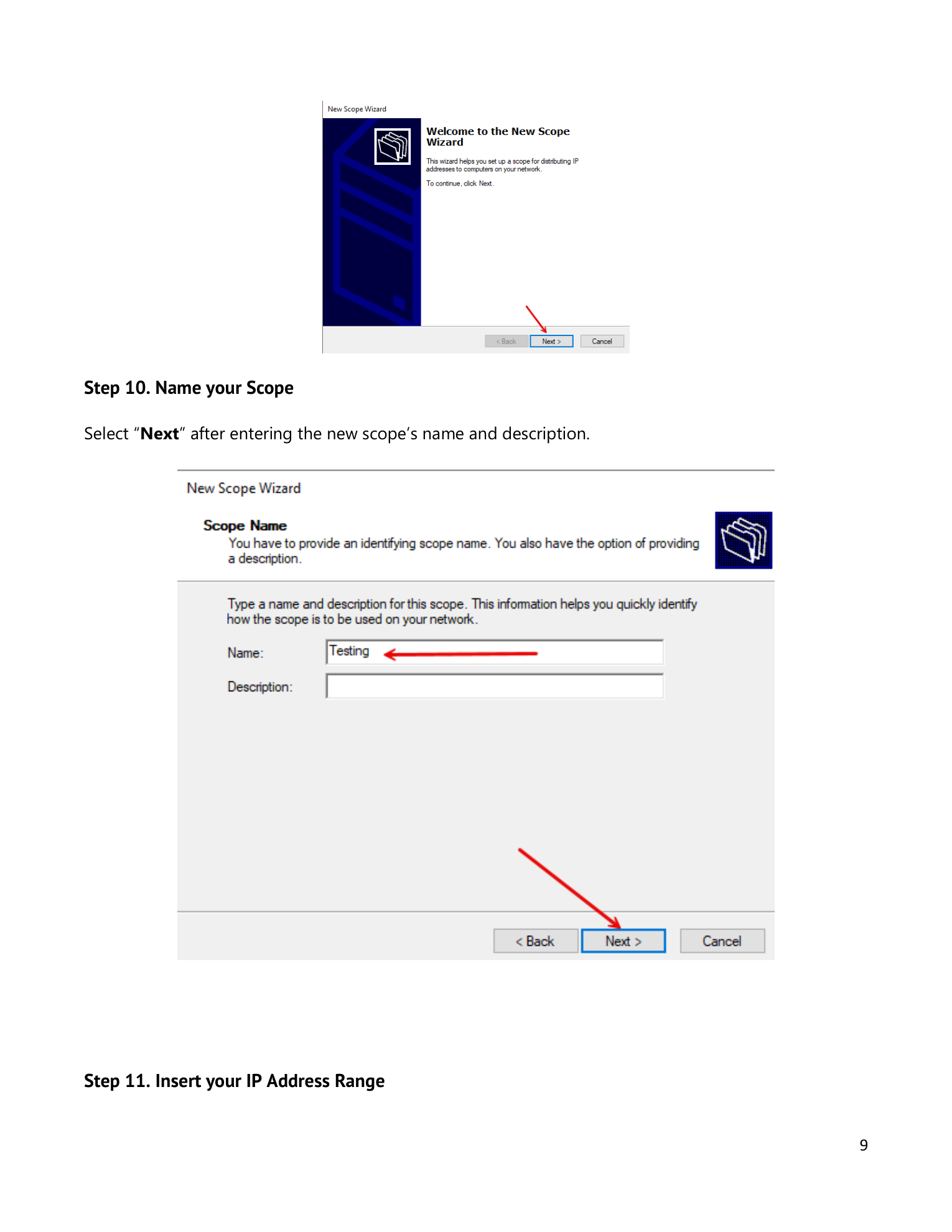 New Scope Wizard welcome page and the Scope Name page with a name entered in the Name field and the Next button highlighted