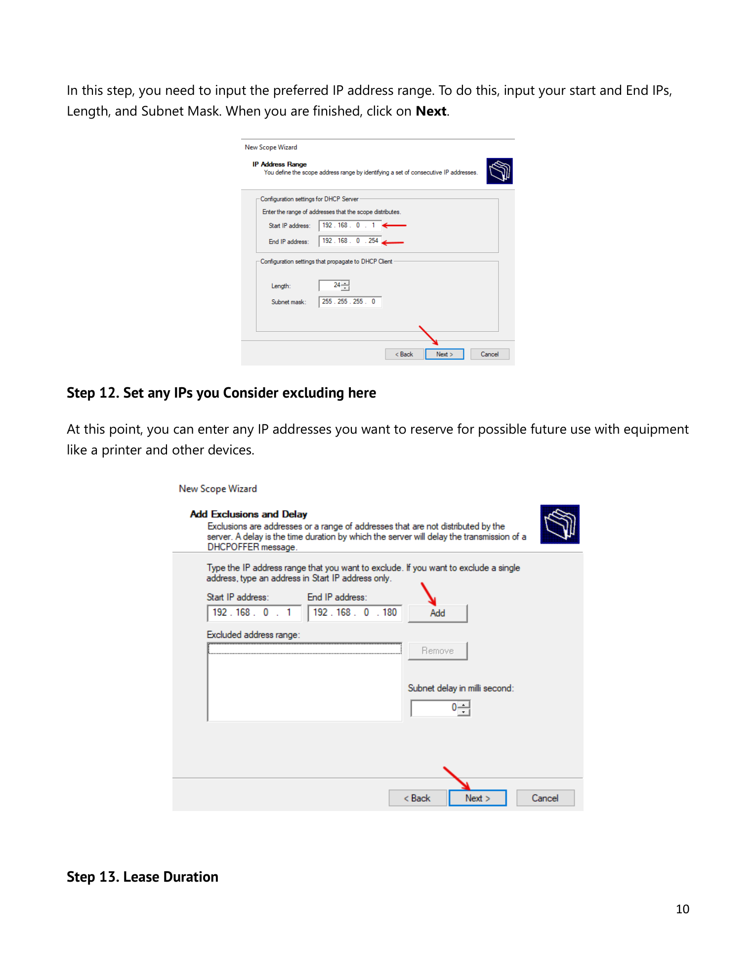 New Scope Wizard IP Address Range page with Start IP, End IP, and Subnet Mask fields filled in, and the Add Exclusions and Delay page with an exclusion range entered in the Start and End IP address fields