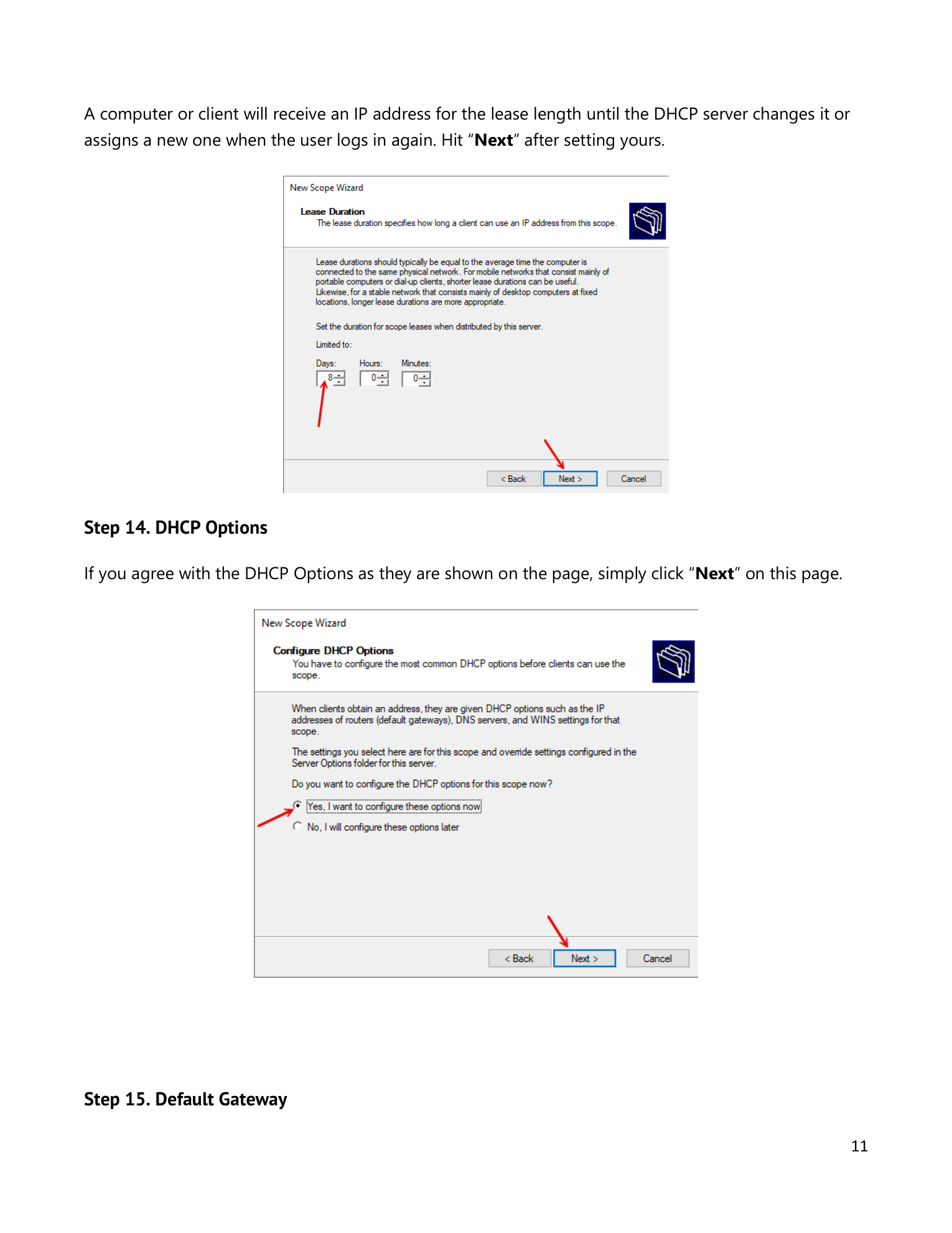 New Scope Wizard Lease Duration page with 8 days set, and the Configure DHCP Options page with Yes, I want to configure these options now selected