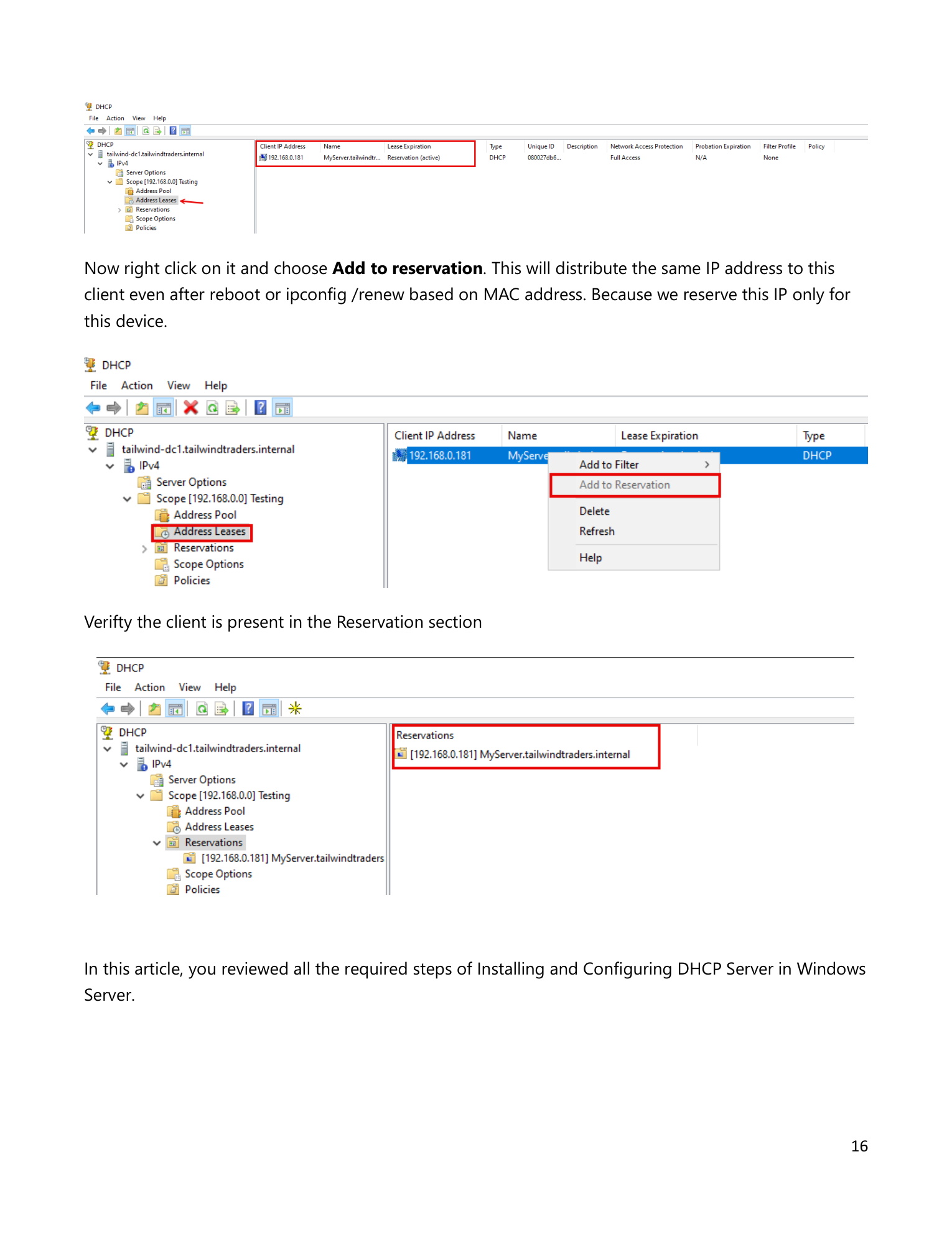 DHCP console Address Leases view showing the client lease entry, with the right-click context menu open and Add to Reservation highlighted, and the Reservations section showing the newly created reservation entry