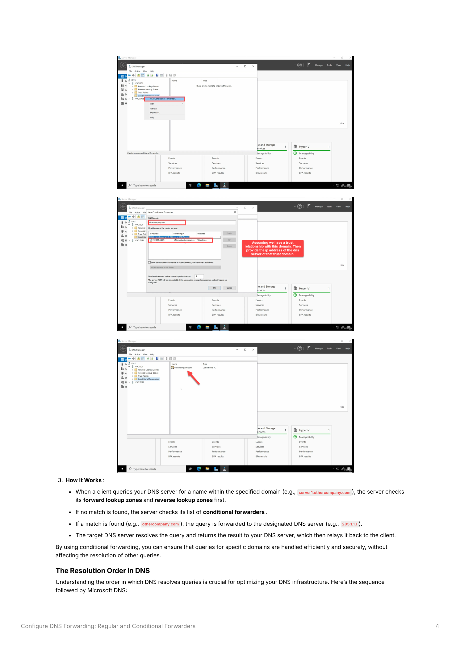 Three-panel diagram showing the DNS resolution flow: the DNS server checking its forward and reverse lookup zones first, then checking the conditional forwarders list, then forwarding to the designated DNS server when a match is found, with the completed conditional forwarder visible in the DNS Manager console