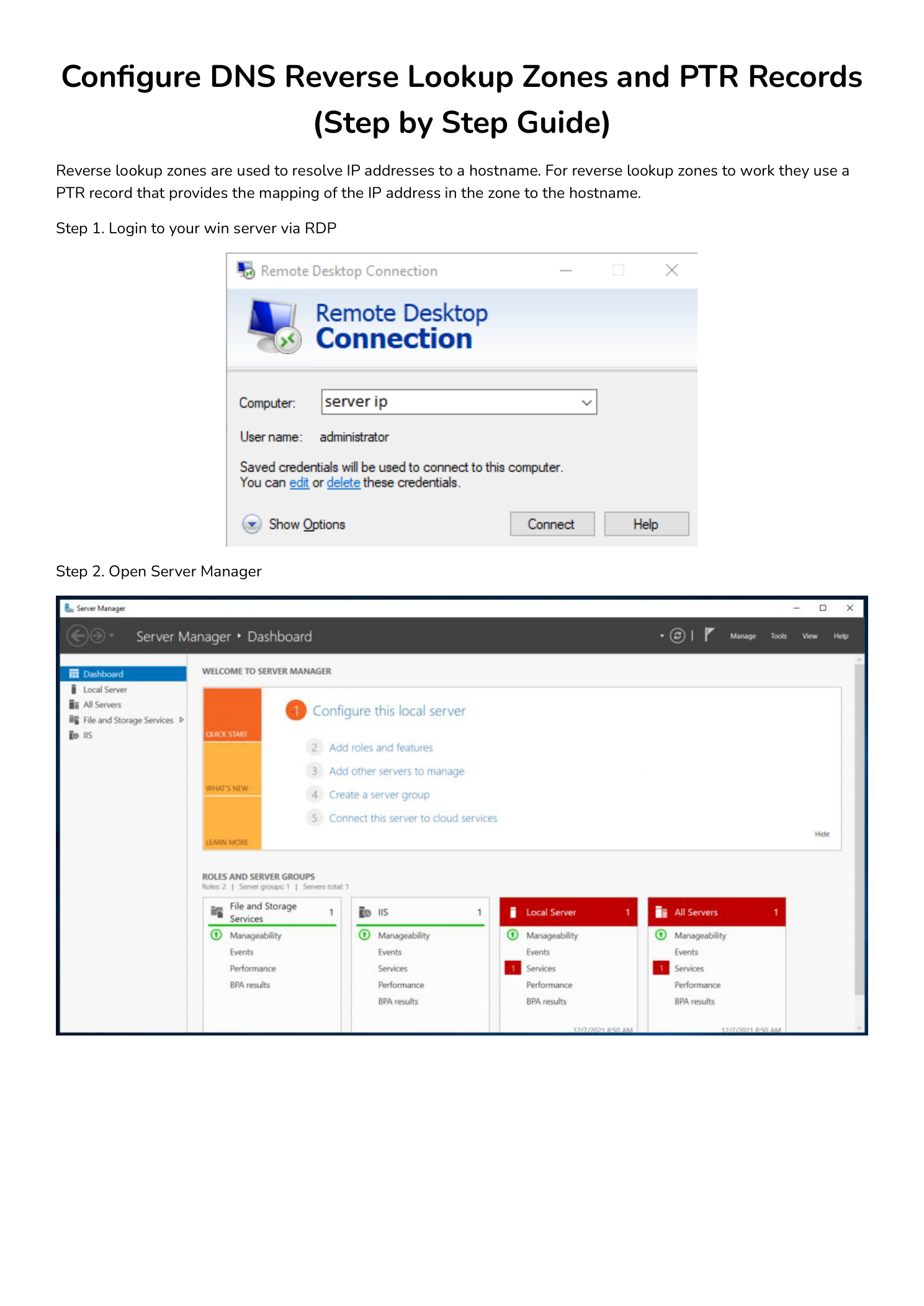 Steps 1 and 2: RDP connection dialog and Server Manager dashboard