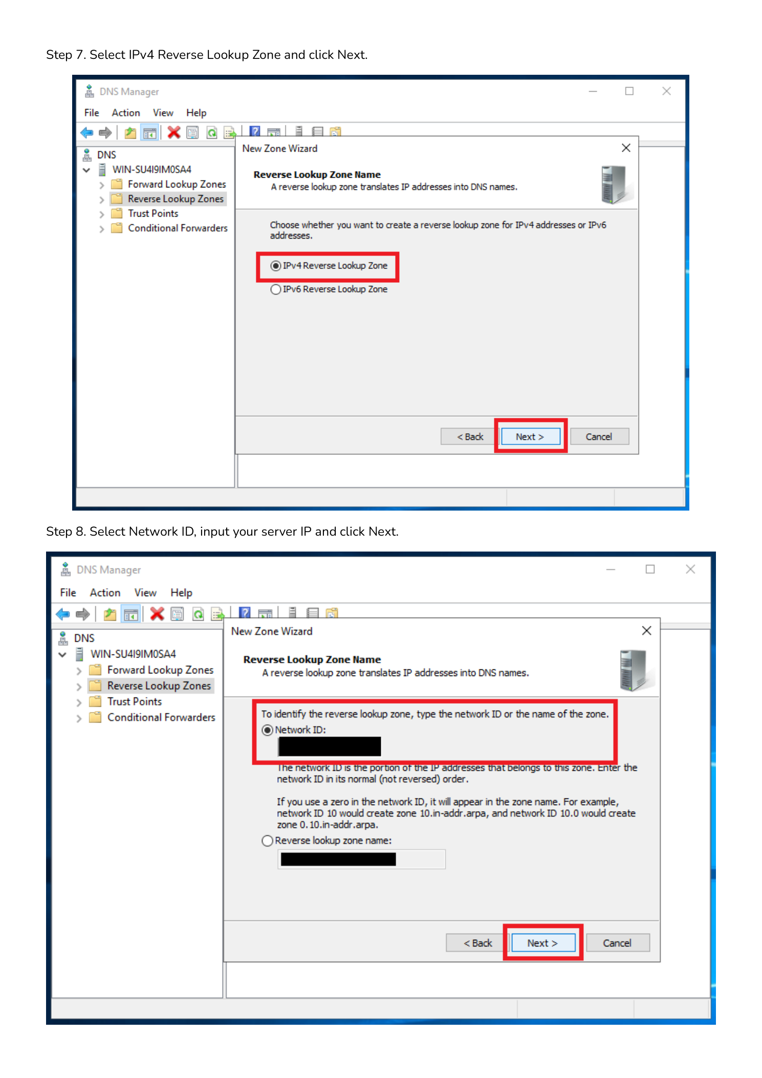 Steps 7 and 8: IPv4 Reverse Lookup Zone selected, and Network ID entry field with example input