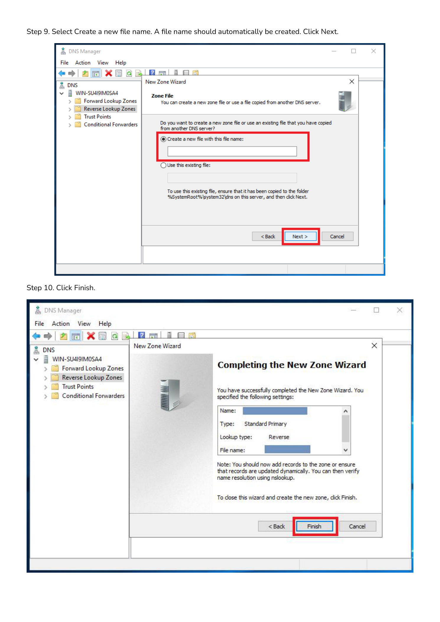 Steps 9 and 10: Zone file creation screen and Completing the New Zone Wizard finish screen