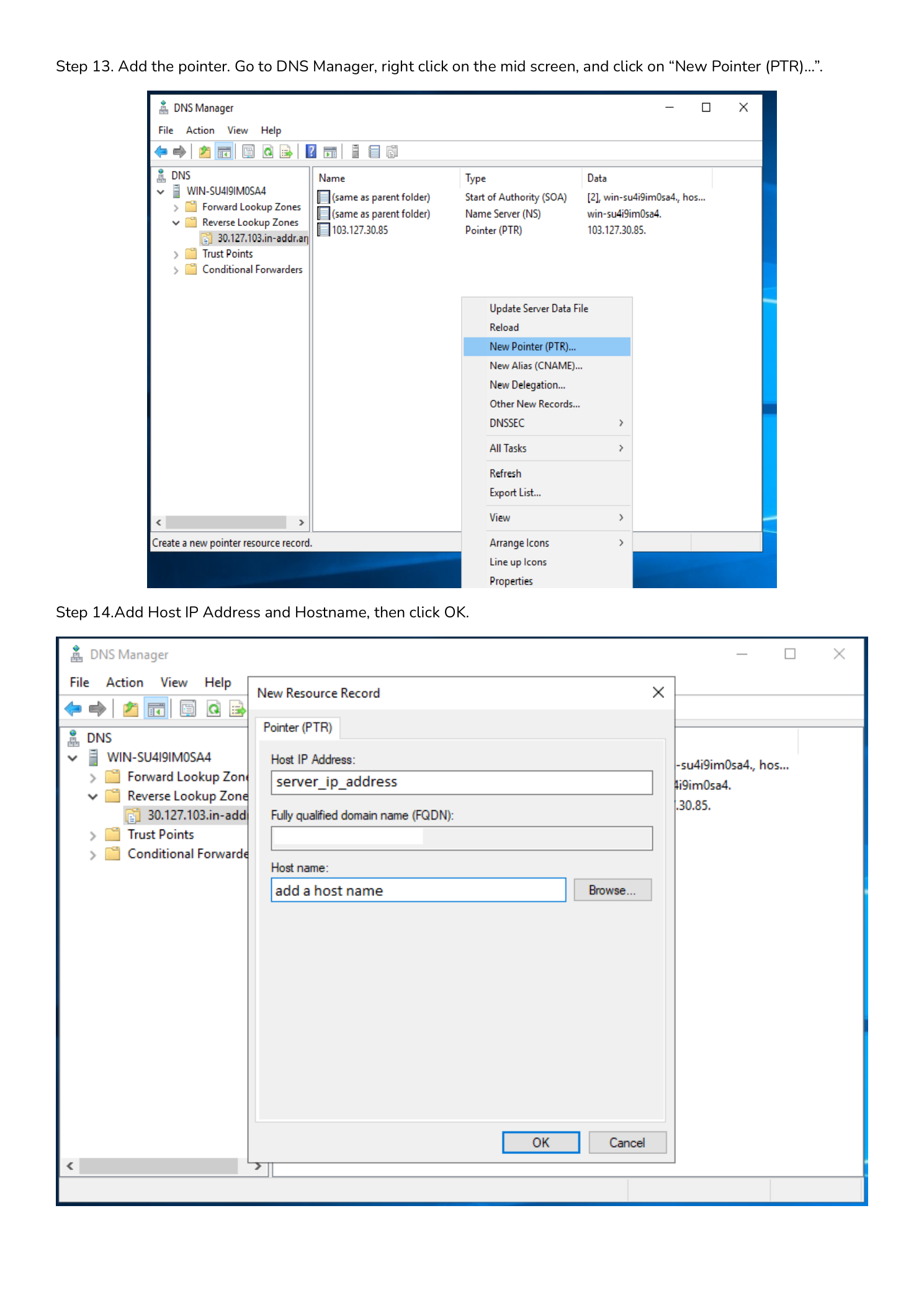 Step 13: DNS Manager right-click context menu showing New Pointer PTR option, and the PTR record dialog