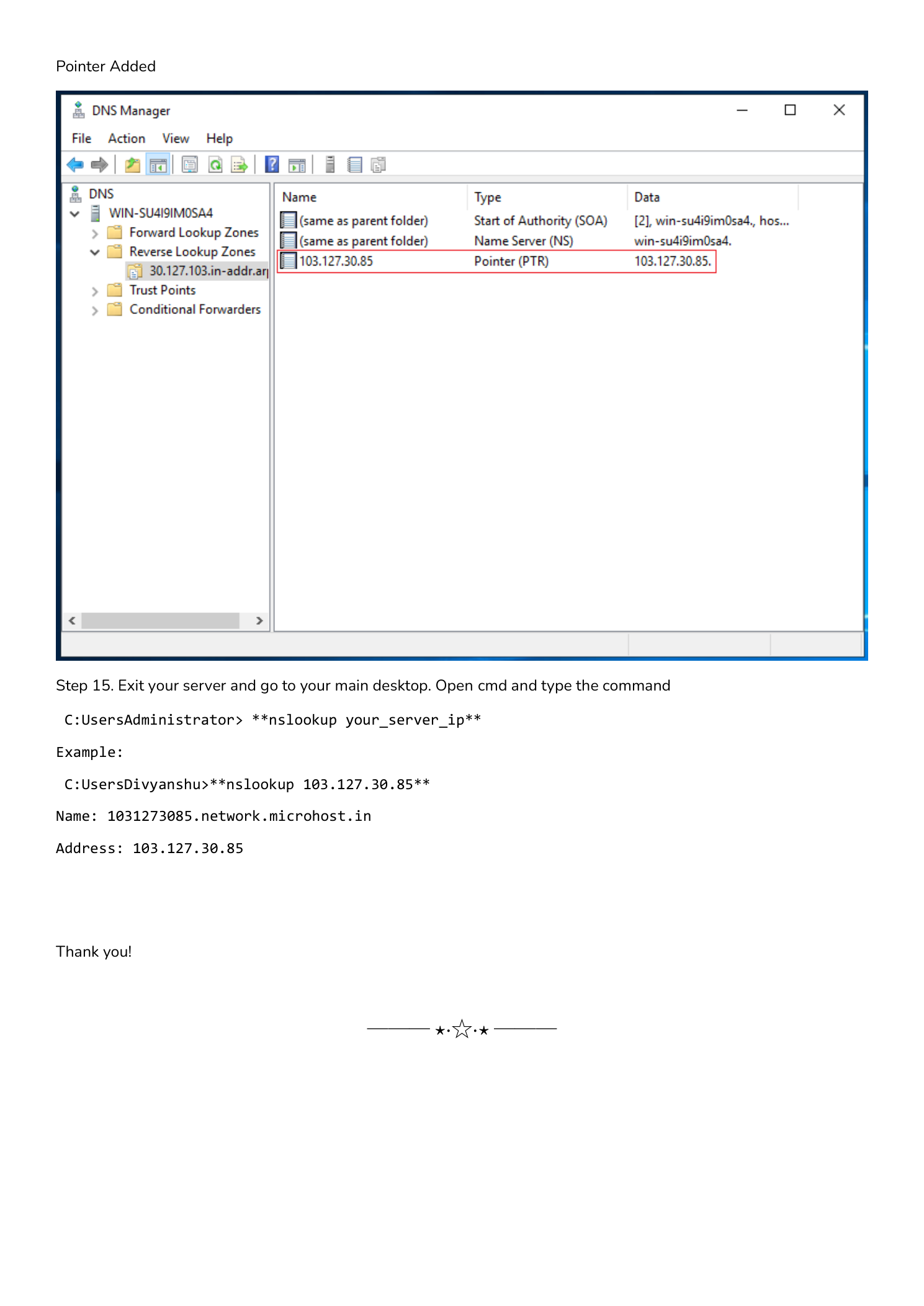 Step 13 result: DNS Manager showing the newly created PTR Pointer record listed in the reverse lookup zone