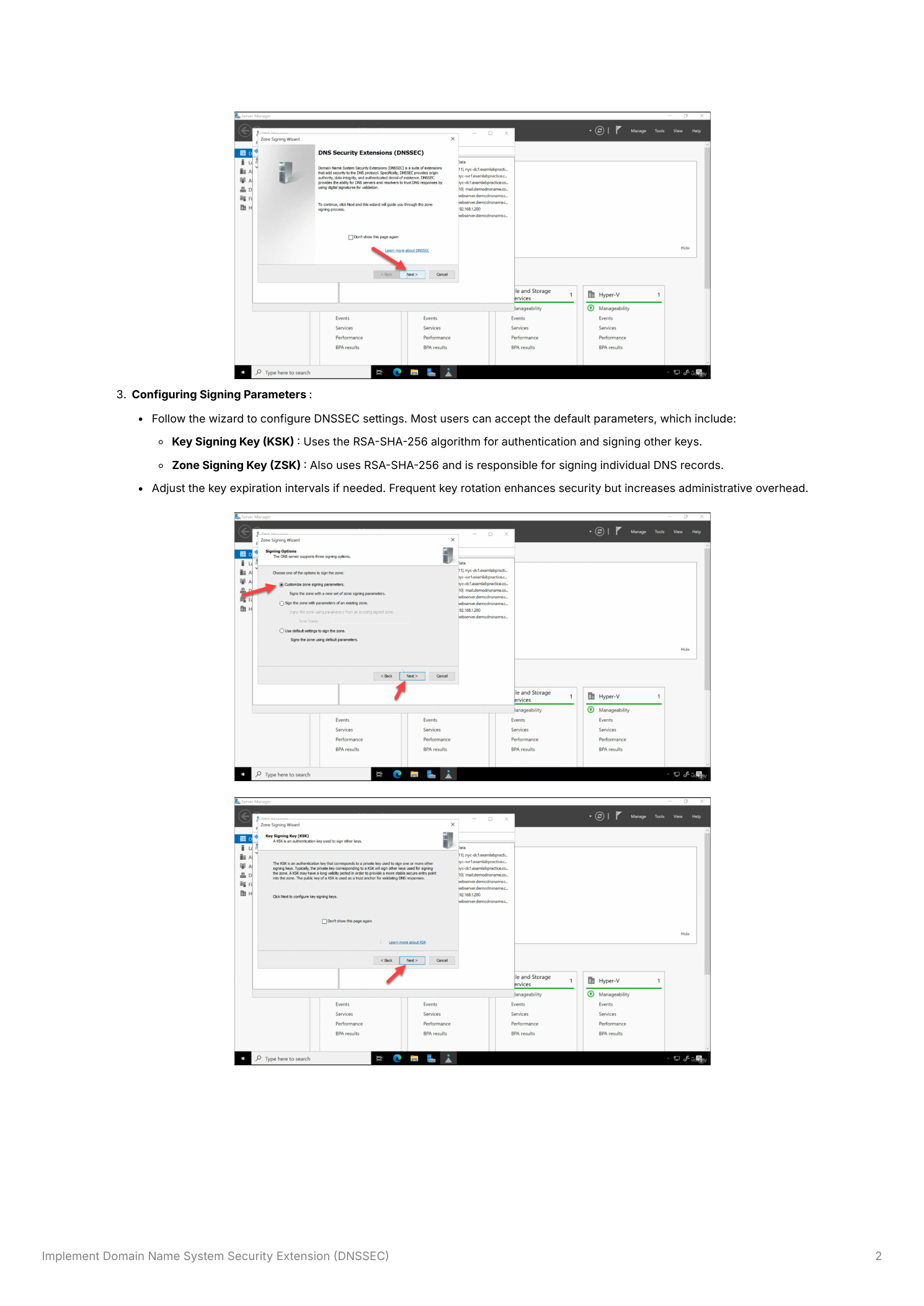 DNSSEC Zone Signing Wizard showing the signing parameters selection screen and the New Key Signing Key dialog with RSA-SHA-256 algorithm selected, key length options, and the Microsoft Software Key Storage Provider configured